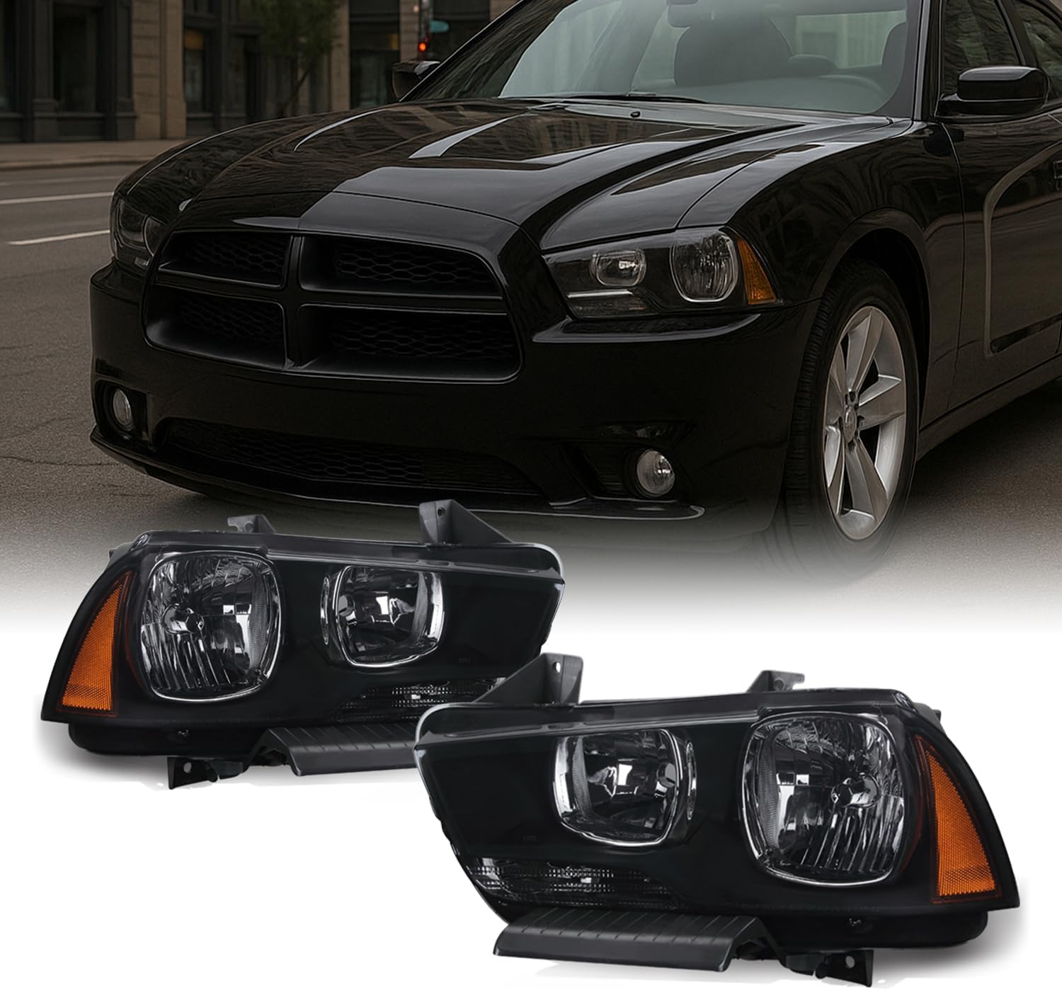 AKKON - For Black Smoke 11-14 Dodge Charger Headlights Front Lamps Direct Replacement Pair Left + Right