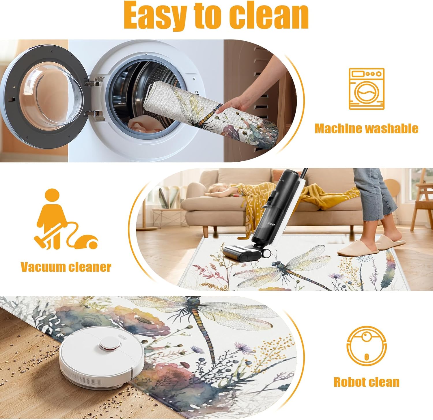 Watercolor Dragonfly Flowers Bath Mat for Bathroom,Washable Door Mat Absorbent Bath Rug Non-Slip Floor Rug Carpets,for Kitchen Bedroom Indoor