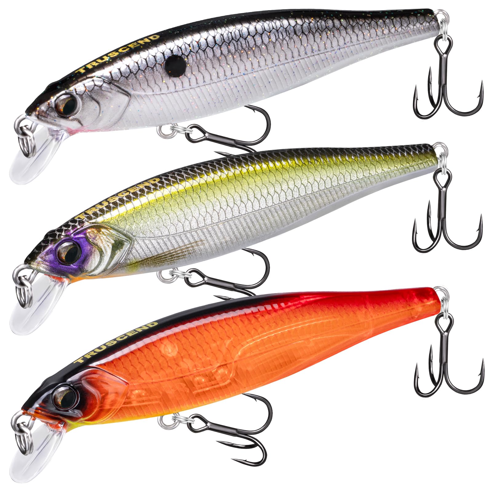 TRUSCEND Suspending Jerkbait, Rattle Minnow Lures with BKK Hooks, Freshwater Bass Trout Striper Walleye Pike Fishing Lures, Variety Pack for All Water Conditions, Premium Fishing Gear and Gifts