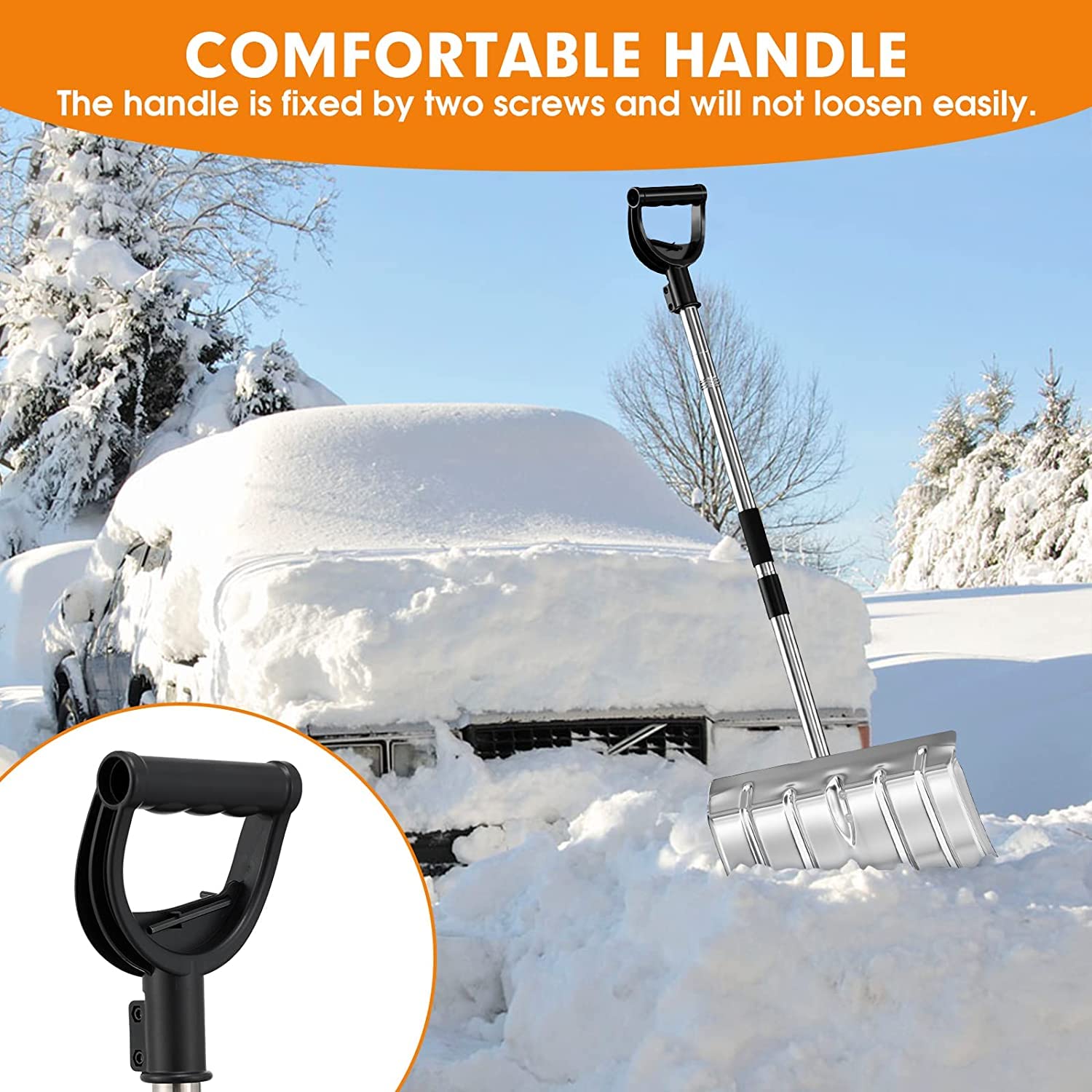 Pala de Nieve de Aluminio, 42 * 32cm Pala Quita Nieve con Borde Reforzado de Acero Inoxidable y Aluminio con Mango en D