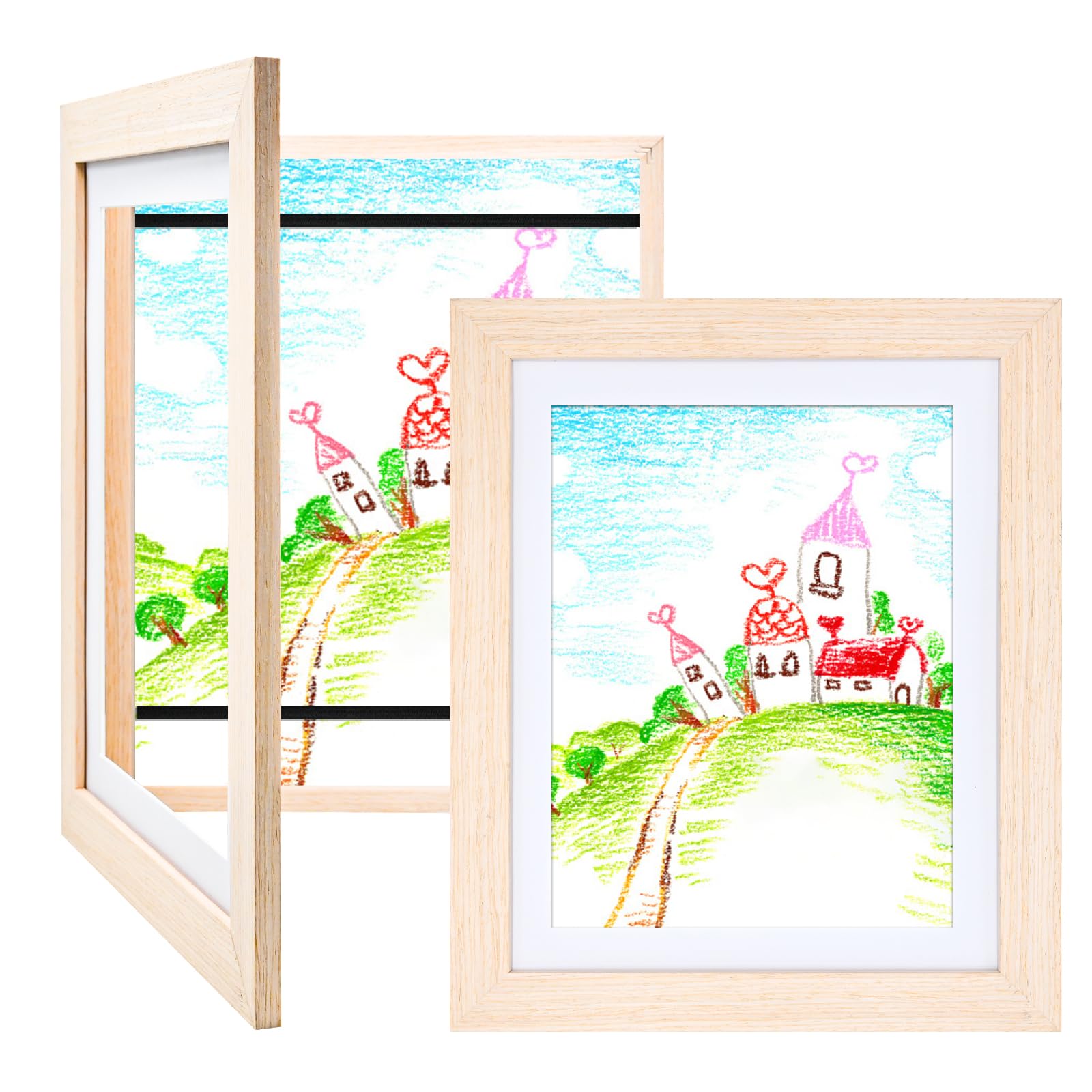 KINLINK 10x12.5 Kids Art Frame Set of 2, Solid Wood Kids Artwork Frames Changeable with Front Opening Hold 150 Pictures, Art Frames for Kids Art with Mat，without Mat 10x12.5 Picture Frame Natural