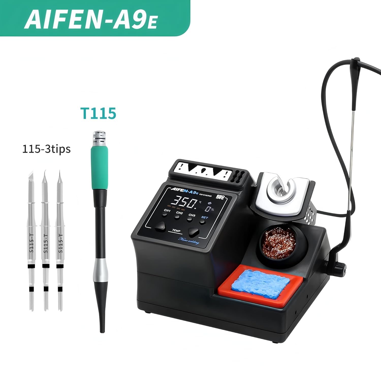 Close-up of T115 soldering tips, showing different tip shapes: conical, chisel, and knife.