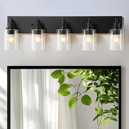 Miniatura 7 de LOUSACE Lámpara de tocador de baño de 5 luces, lámparas de baño negro mate sobre el espejo, iluminación moderna de baño con pantalla de vidrio