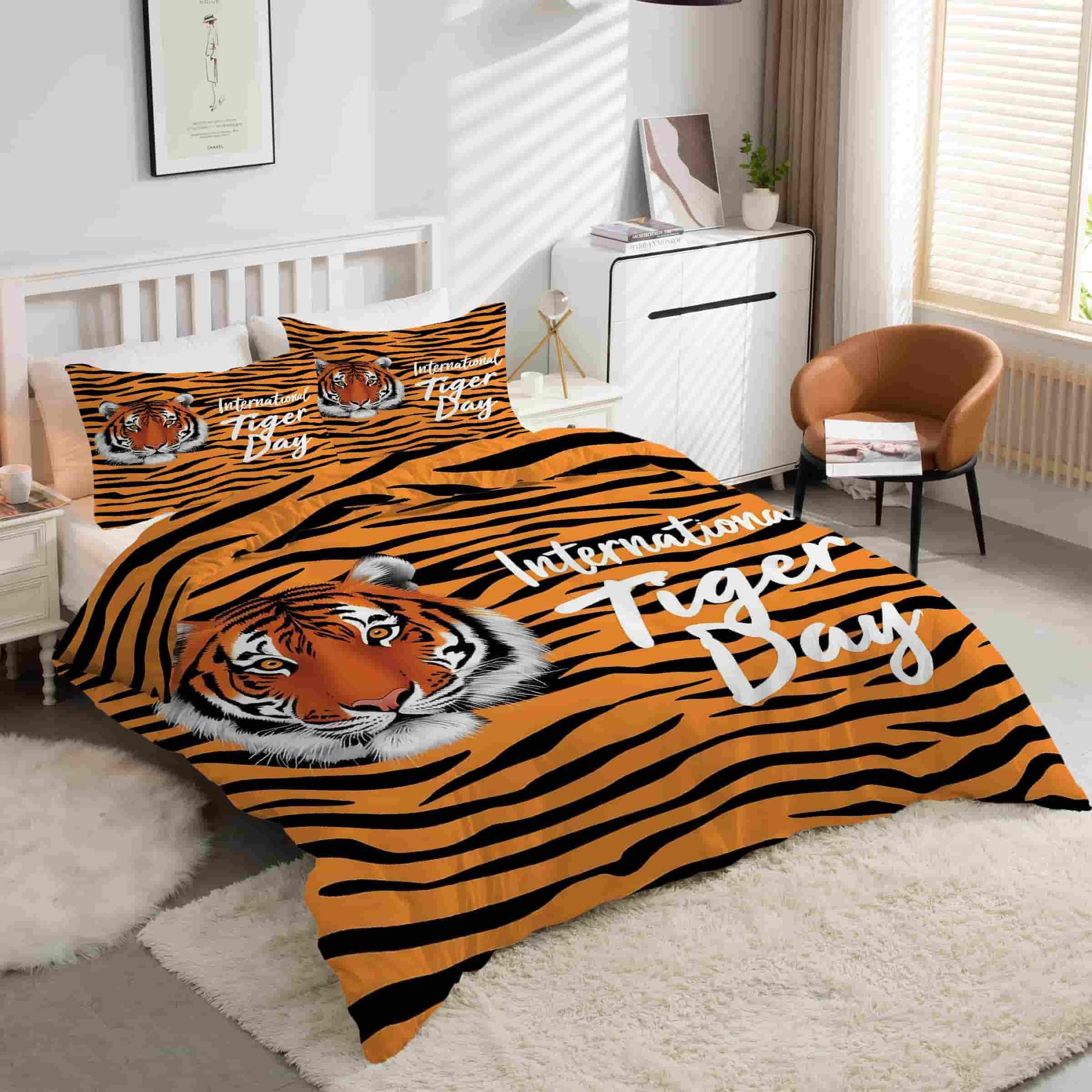 Housse de couette 160x200 tigre avec 2 taies d'oreiller en microfibre kK3753