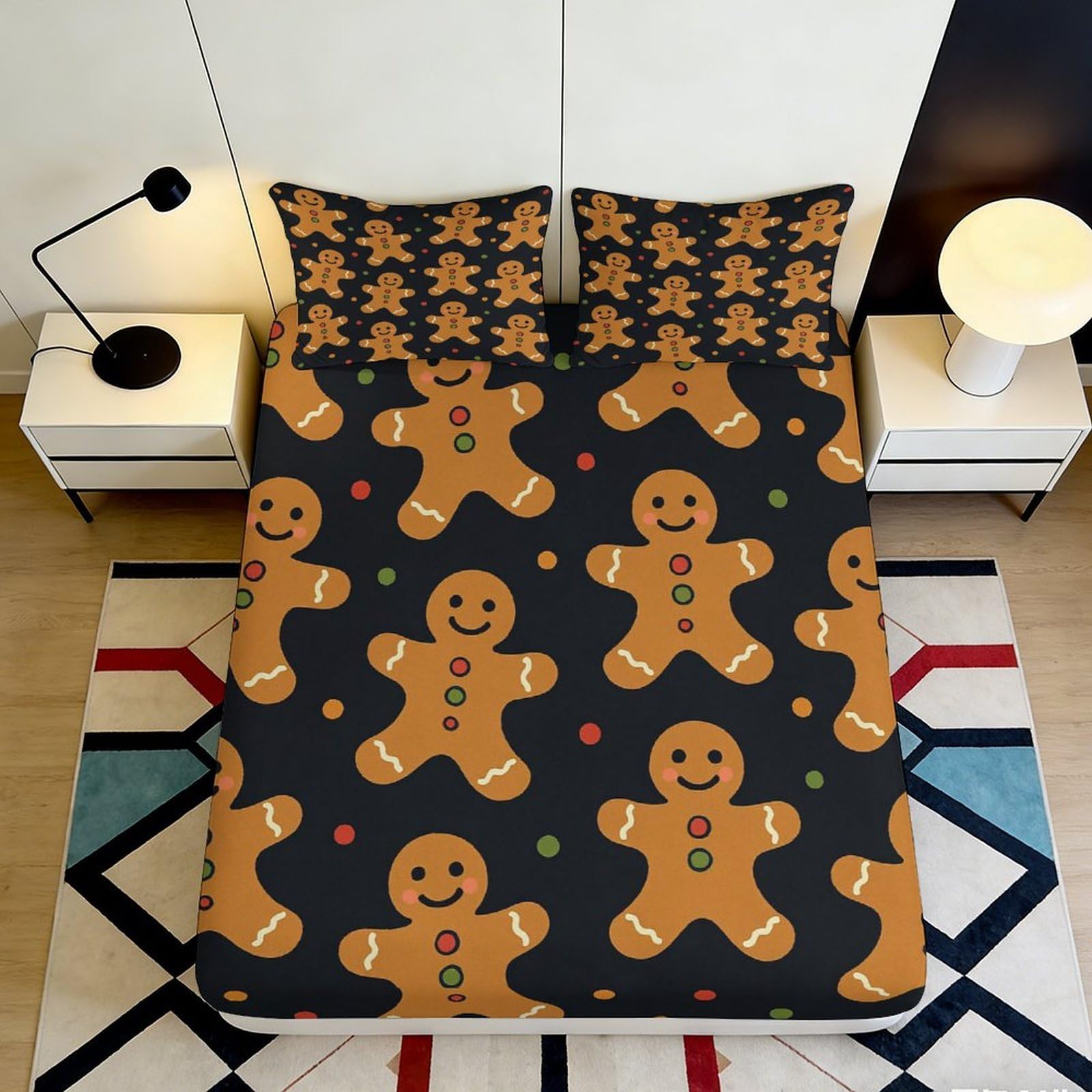 3D Printed Gingerbread Style Fitted Sheet Microfiber Non-Slip Deep Pocket Gingerbread Mattress Fitted Cover Bedroom Bedding for Adults Teens 90x200x25cm