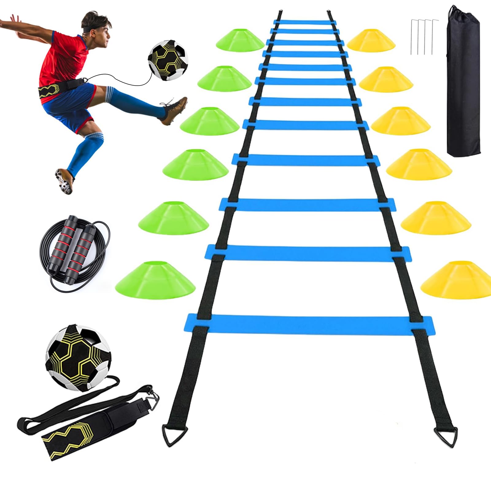 AOPUETRX Kit D’entraînement De Foot Pour Garçons – Échelle De Coordination 6 M, 12 Cônes, Ceinture Réglable Et Corde à Sauter