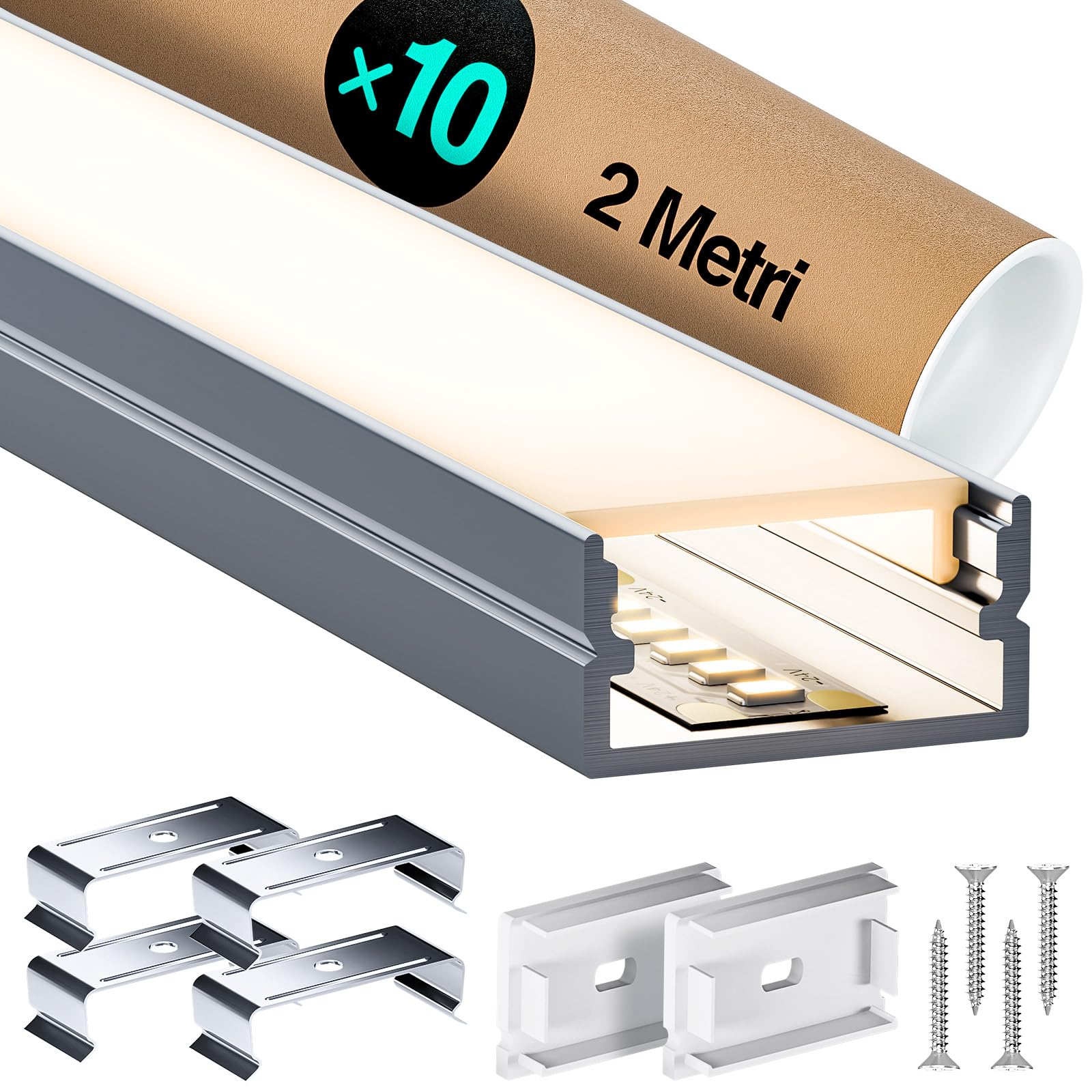 10 x LED Aluminium Profil 2 m (Gesamt 10 m) LED Schiene U-Profil für LED Streifen bis 15 mm, mit opalem PC Diffusor, geeignet für Trockenbau, Decken und Einbauinstallationen, Maße: 19.3 x 9.8 mm