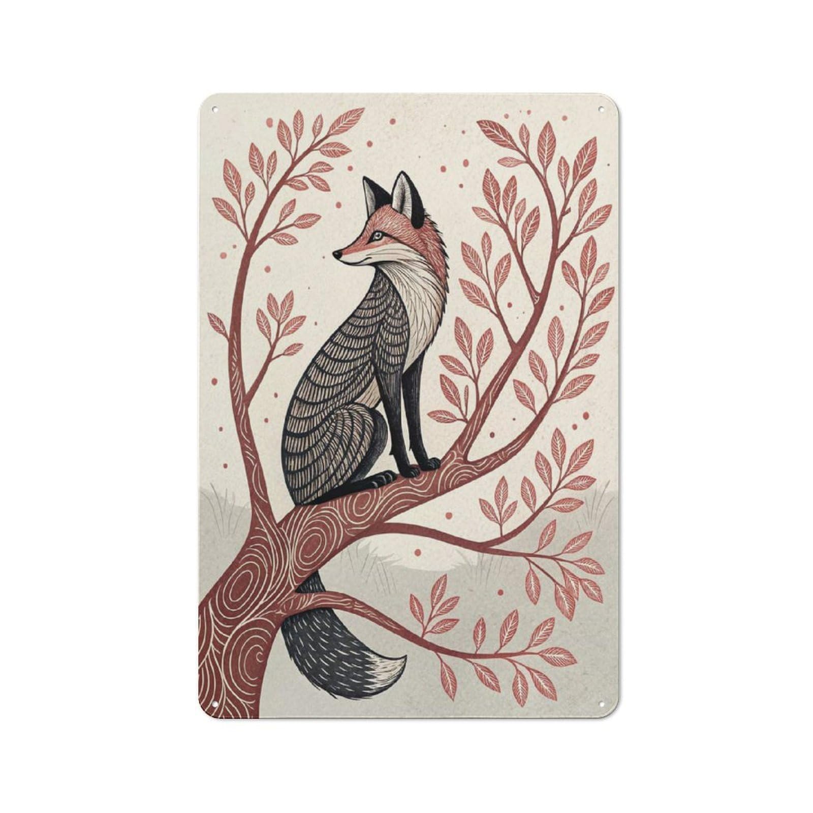 Junmoney Style-2 Stylized Fox Sitting On A Tree Branch Decorative Tin Sign 30X20cm, Distressed Look Vintage Wall Decor For Lounge, Study, Pub Or Wall Gallery