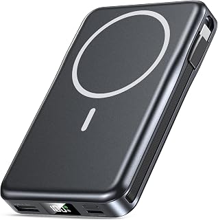 Aobbow 10000mAh Magnetic Power Bank: 5-in-1 20W Fast Charging Built-in Cables for iPhone 16/15/14/13/12 Pro Max - Black