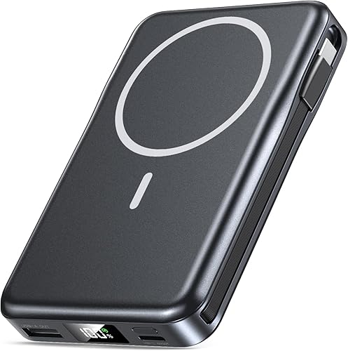 Magnetic Portable Charger, 10000mAh Power Bank, 5 in 1 Portable Charger with Built in Cable, 20W Fast Charging for Magsafe Battery Pack Compatible with iPhone 17/16/15/14/13/12 Pro/Pro Max-Black