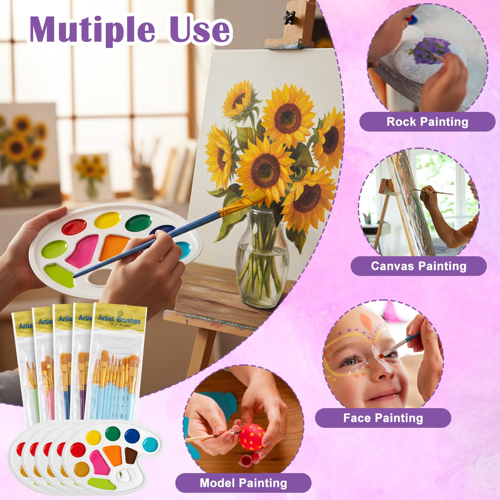 Lot de 220 palettes de pinceaux de peinture, 20 paquets de 200 pinceaux et 20 palettes, tête de pinceau en nylon, convient pour l'aquarelle à l'huile, etc., ensemble de peinture artistique parfait