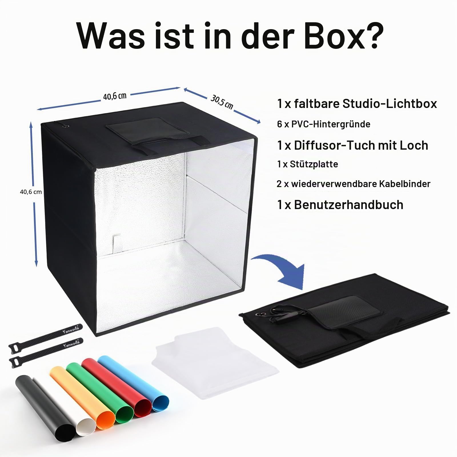 Fotobox Produktfotografie 40x40cm USB-C Kompatibel, Upgraded 18W Fotostudio 5700K dimmbare 180 LEDs (CRI>97), 6 Hintergründe, 3 Lichtmodi – Lichtbox für Produktfotos, Schmuck
