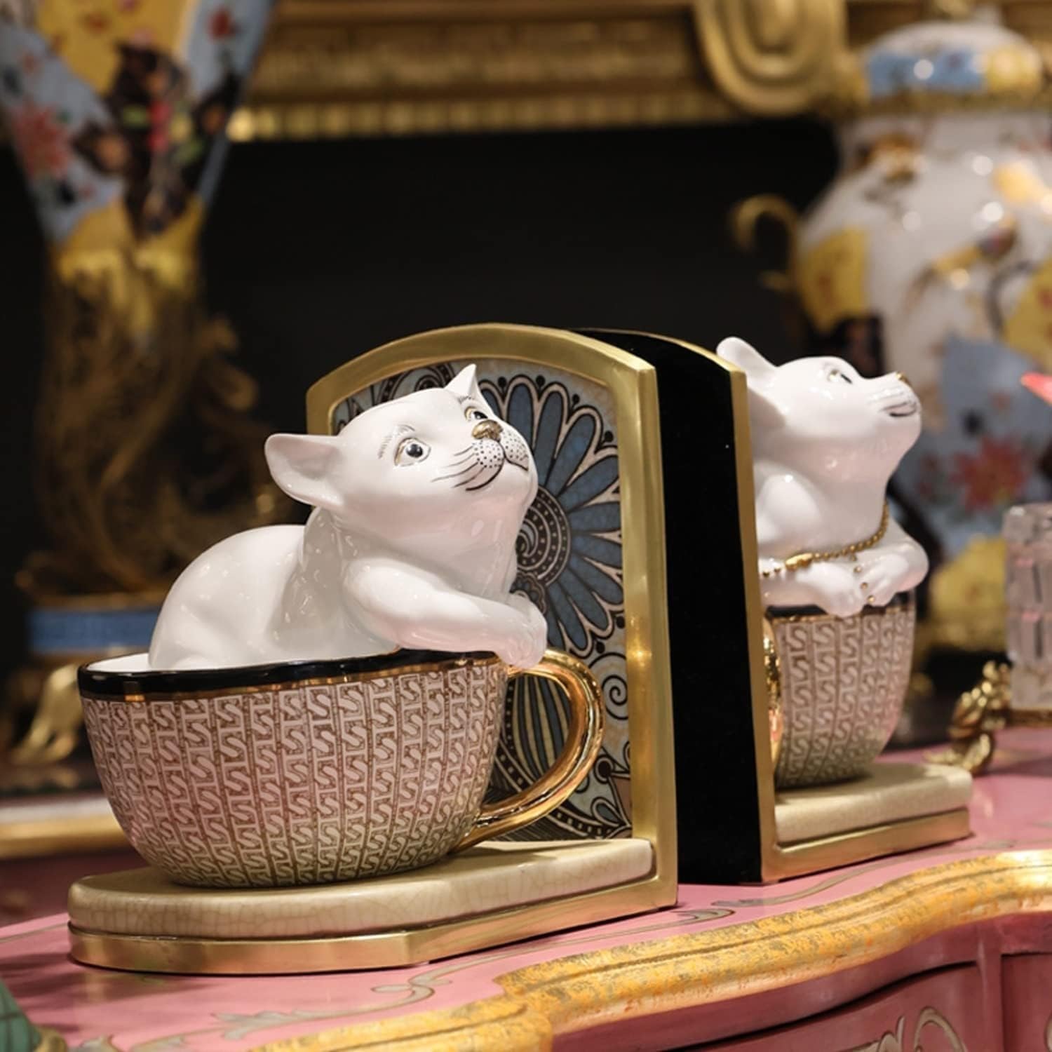 Sujeta Libros Estanteria Sujetalibros Elegantes de Porcelana y latón, sujetalibros con decoración de Animales para Fiesta de té, Libros de Ilustraciones, Extremos de Libros Sujetalibros