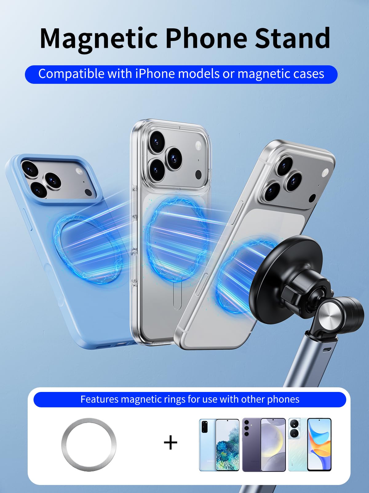 Magnetischer Überkopf-Telefonständer für Aufnahmen, Aluminium Höhenwinkelverstellbare Telefonhalterung für Schreibtisch mit flexiblem Arm, iPhone Stativhalterung für Videoaufnahmen, Kochen