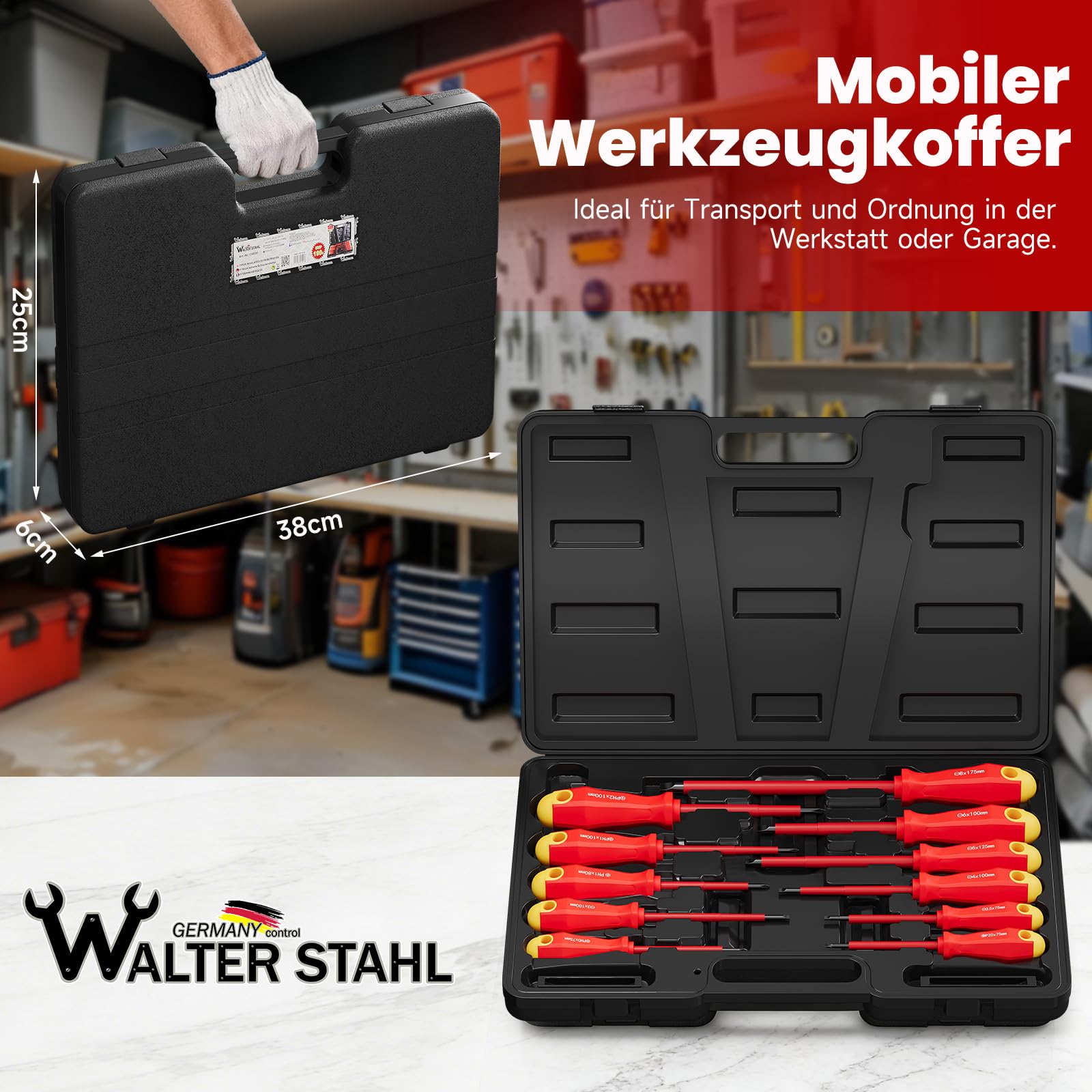 WALTER STAHL - Set di cacciaviti magnetici isolati, 11 pezzi | In acciaio Cr-V, 5 fessure, 5 Phillips, 1 Pozidriv per elettricisti e riparazioni domestiche