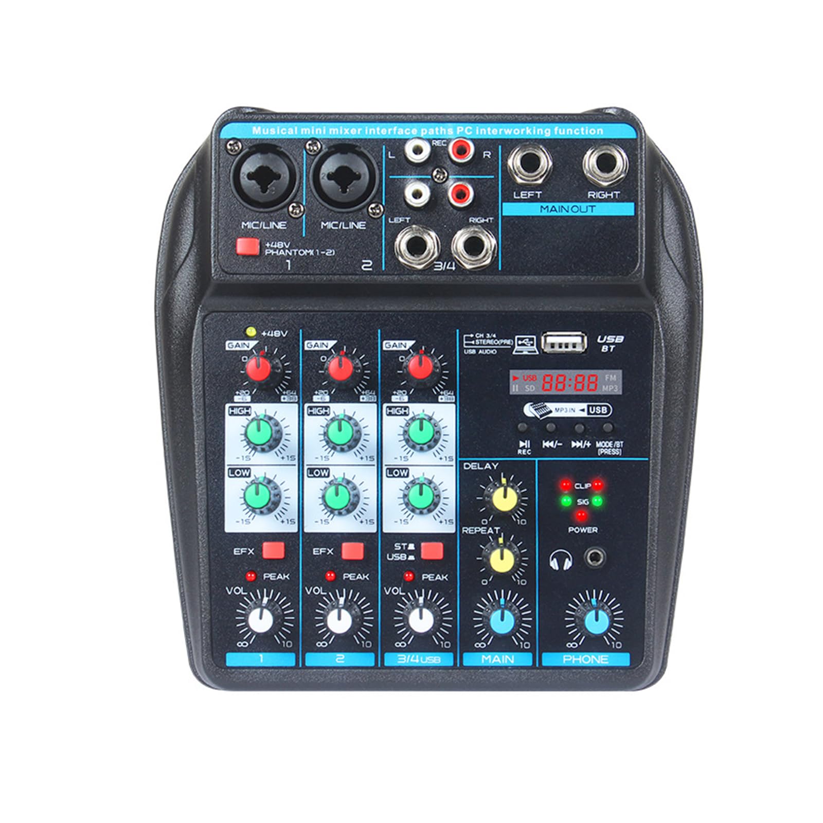 DJ Audio Mixer, 4 Channel Audio Mixer Sound Board with Bluetooth, Small DJ Mixers, Portable USB Audio Interface with 48V Phantom Power, Sound Mixer Board for Live Recording Podcast Karaoke