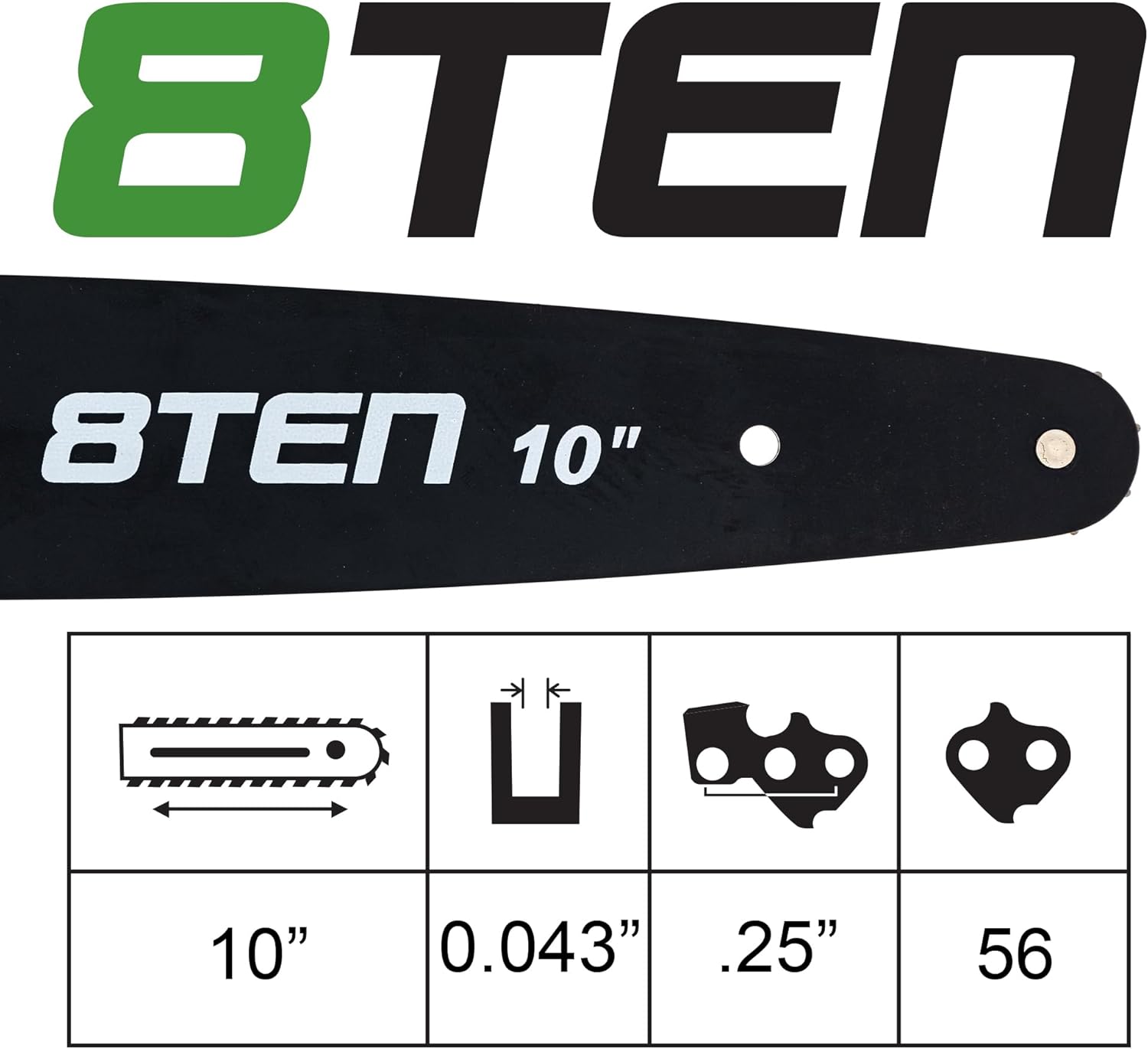 8TEN 10 Inch Chainsaw Guide Bar .043 3/8 56DL Chain for 017 025 009 021 018 023 020 011 30050083403 Laminated