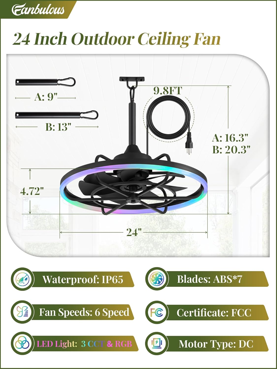 Fanbulous Outdoor RGB Ceiling Fans with Light for Patios, 24" Waterproof Plug in Ceiling Fan, Gazebo Fan Remote&APP Control, 3CCT Dimmable,Caged Ceiling Fan with Hanging Hook for Porch, Pergola