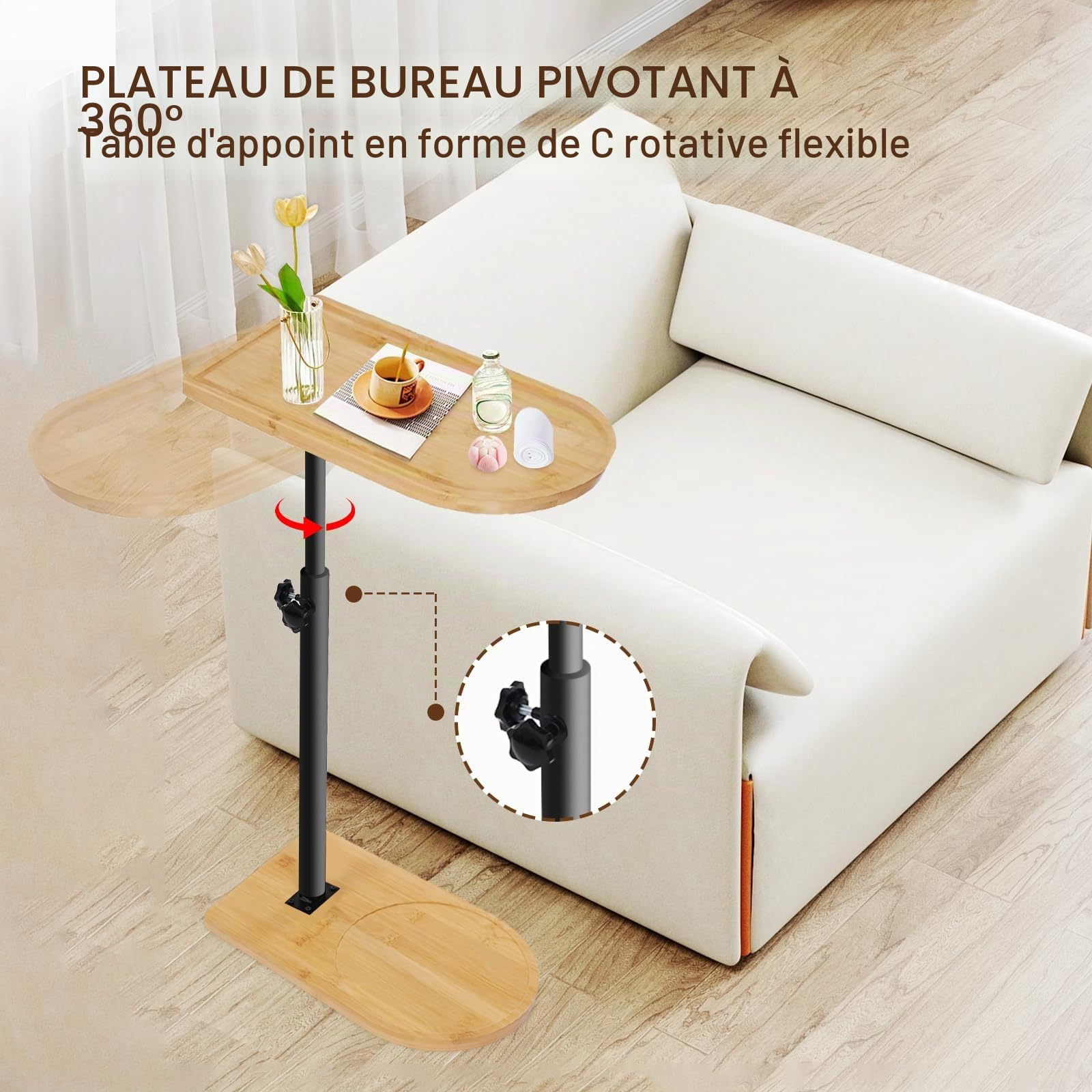 Table d'Appoint en Forme de C Réglable en Hauteur Petite Table Basse Latérale en Bambou et Métal Bout De Canape pour Salon, Salle de Bain, Lit, Canapé et Café (Style 2)