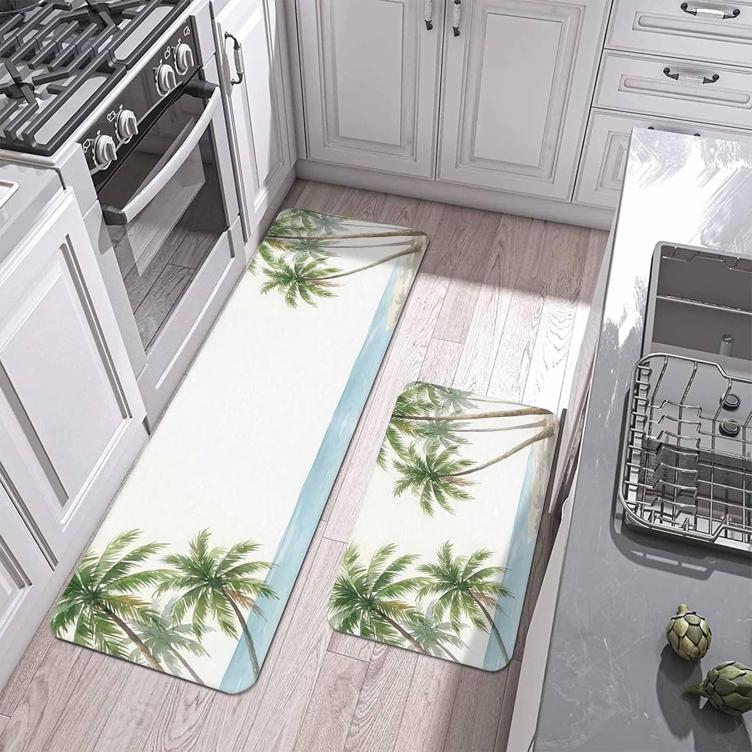 Prime Leader Coastal Beach Palm Tree Kitchen Mat Set 2 Pieces Watercolor Coconut Tree Summer Non Slip Kitchen Rugs Washable Runner Rug Mats for Floor Sink Laundry Office 23.6" x 35.4"+23.6" x 70.9"