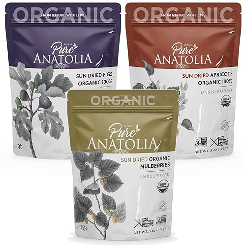 %100 Surtido de frutas secas orgánicas, higos, albaricoques, moras, paquete de 3 Sin azúcares añadidos, azufres ni conservantes Sin OMG, vegano,