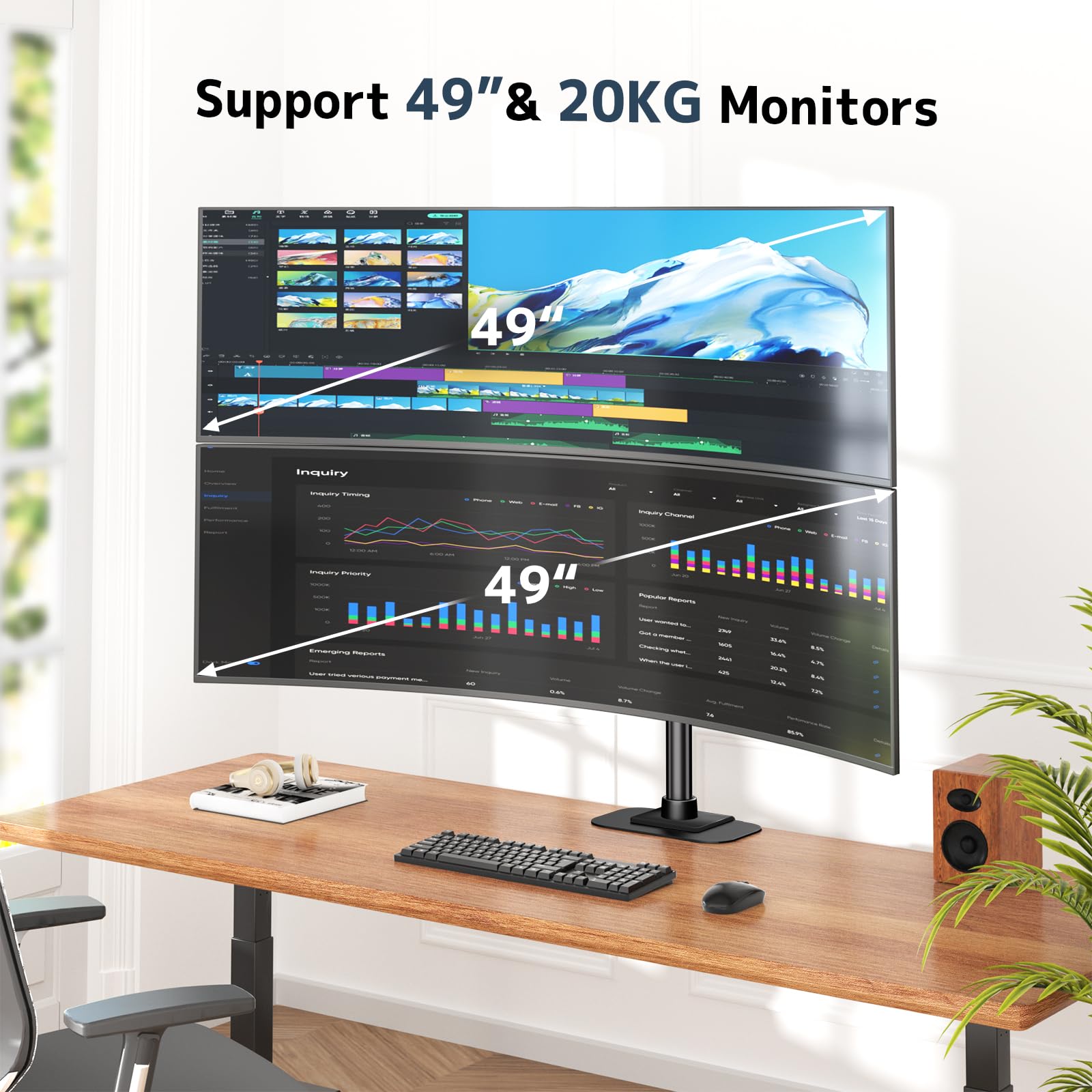 Supporto verticale doppio monitor per due schermi da 17-49", supporta fino a 20 kg, WORLDLIFT Stacked Dual Monitor Mount con asta lunga 31,7", VESA 75/100 mm