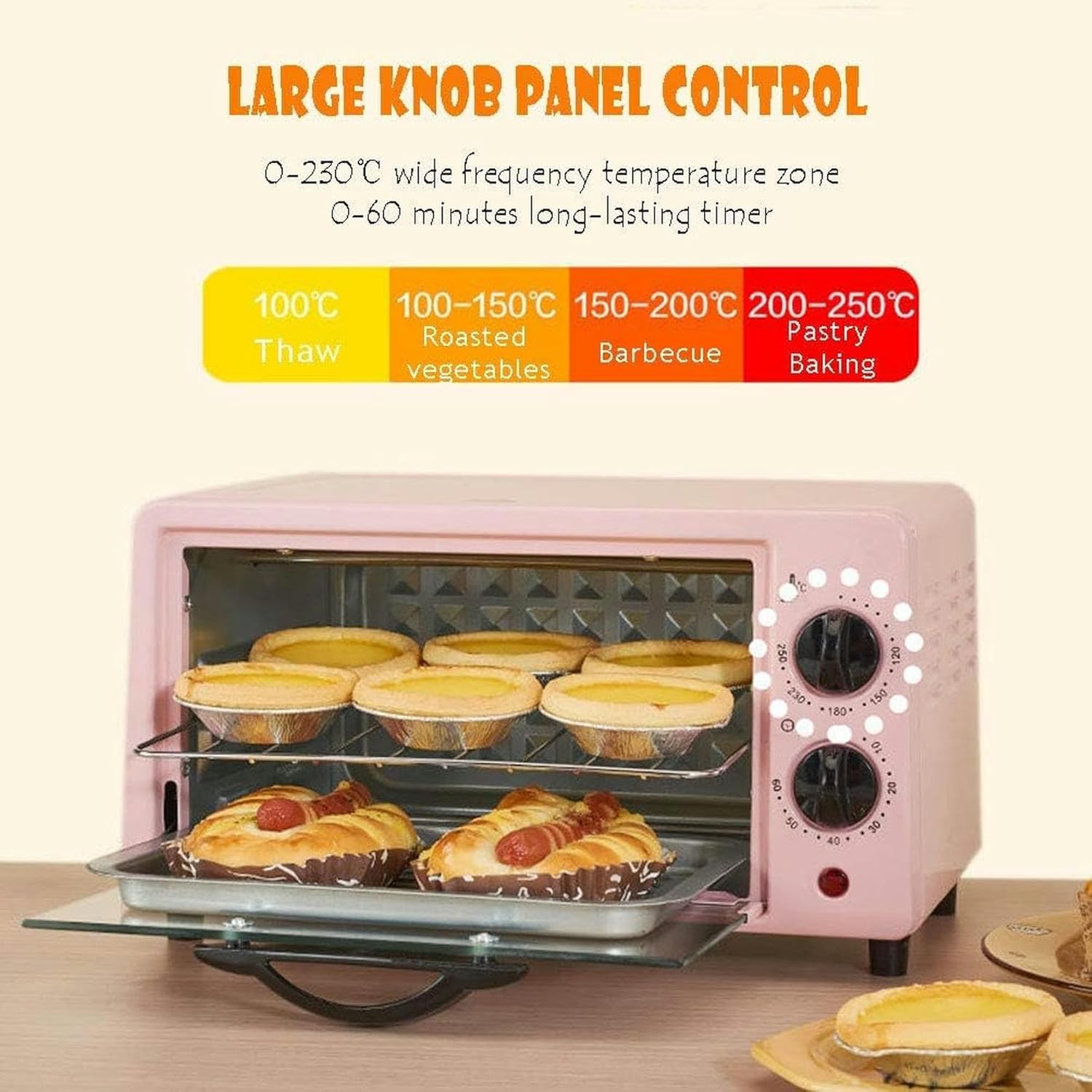 Mini 12 -Liter Oven, Multifunction Convection Oven, Tempered Glass Door, Fast Heating and Space Savings, 600 W Timer and 60 Minutes (Color: Pink)