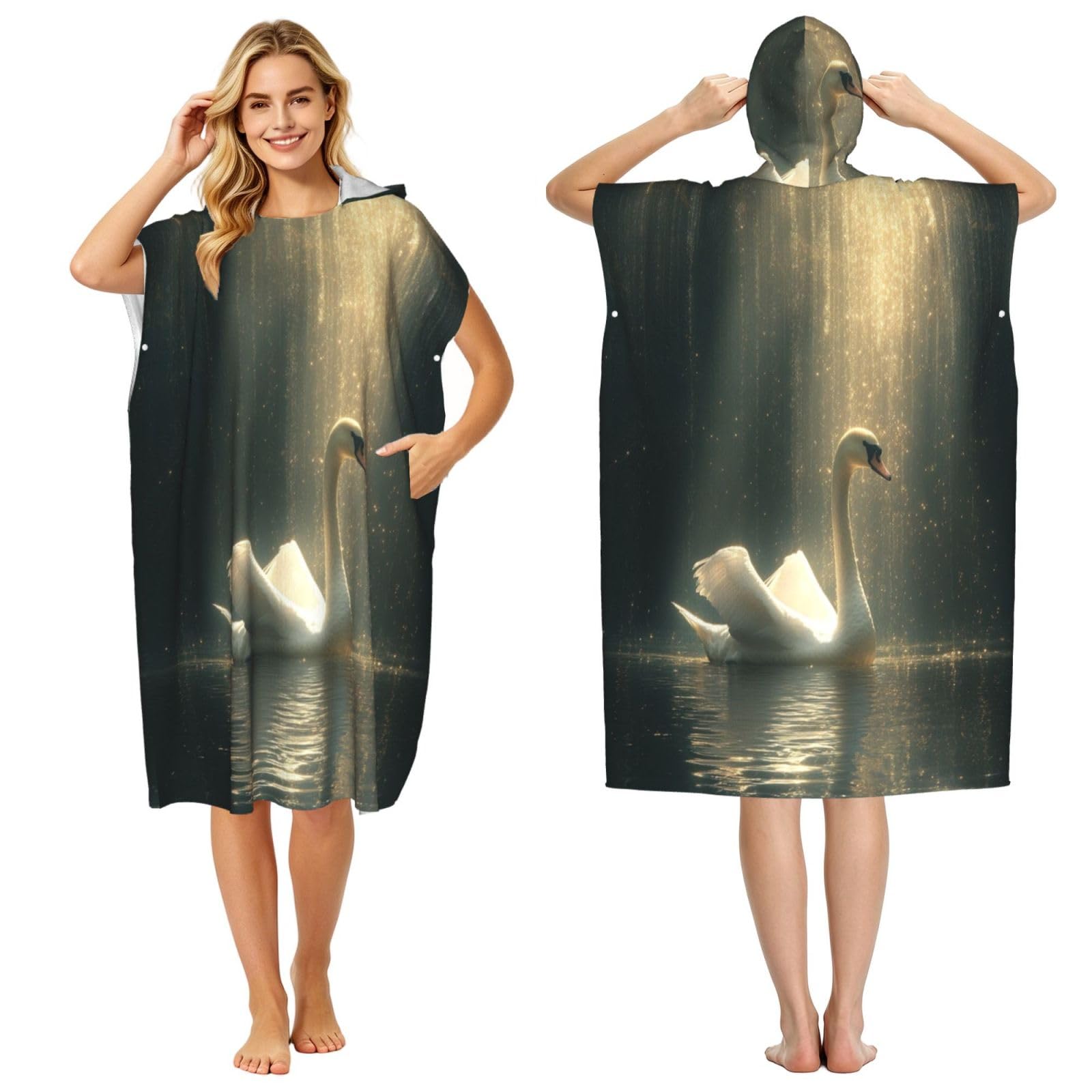 KLGRTJHK Swan Adult Hooded Beach Poncho Towel 43"X35"