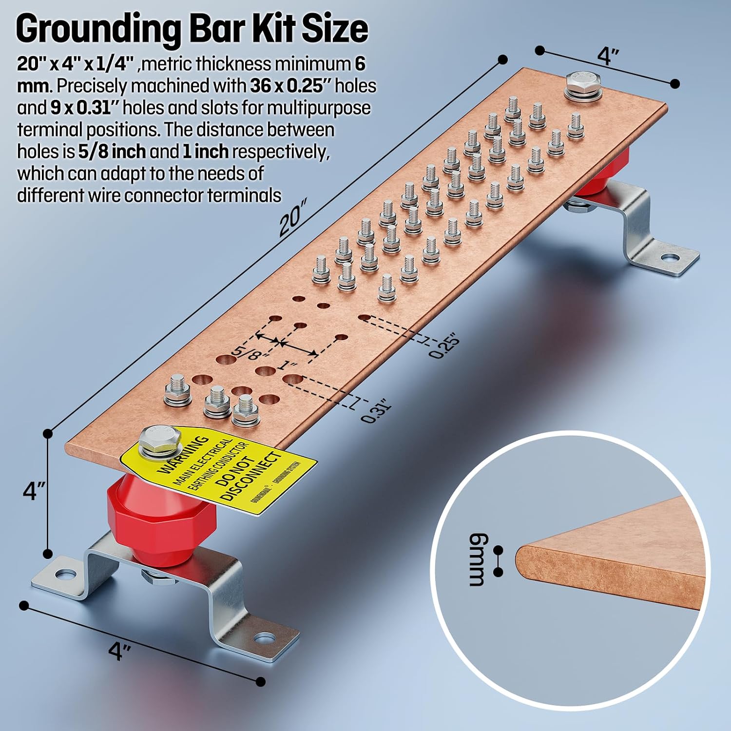 20” Copper Bus Bar,Ground Bar Kit,36 x 1/4” Holes and 9 x 5/16” Holes with 2X2’’ Standoff Insulators,2500V (20’’ Multipurpose Copper Bar)