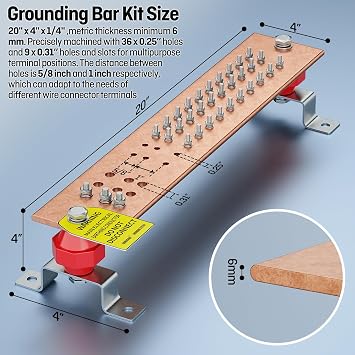 20 Copper Bus Bar,Ground Bar Kit,36 x 1/4 Holes and 9 x 5/16 Holes with 2X2 Standoff Insulators,2500V (20 Multipurpose Copper Bar)