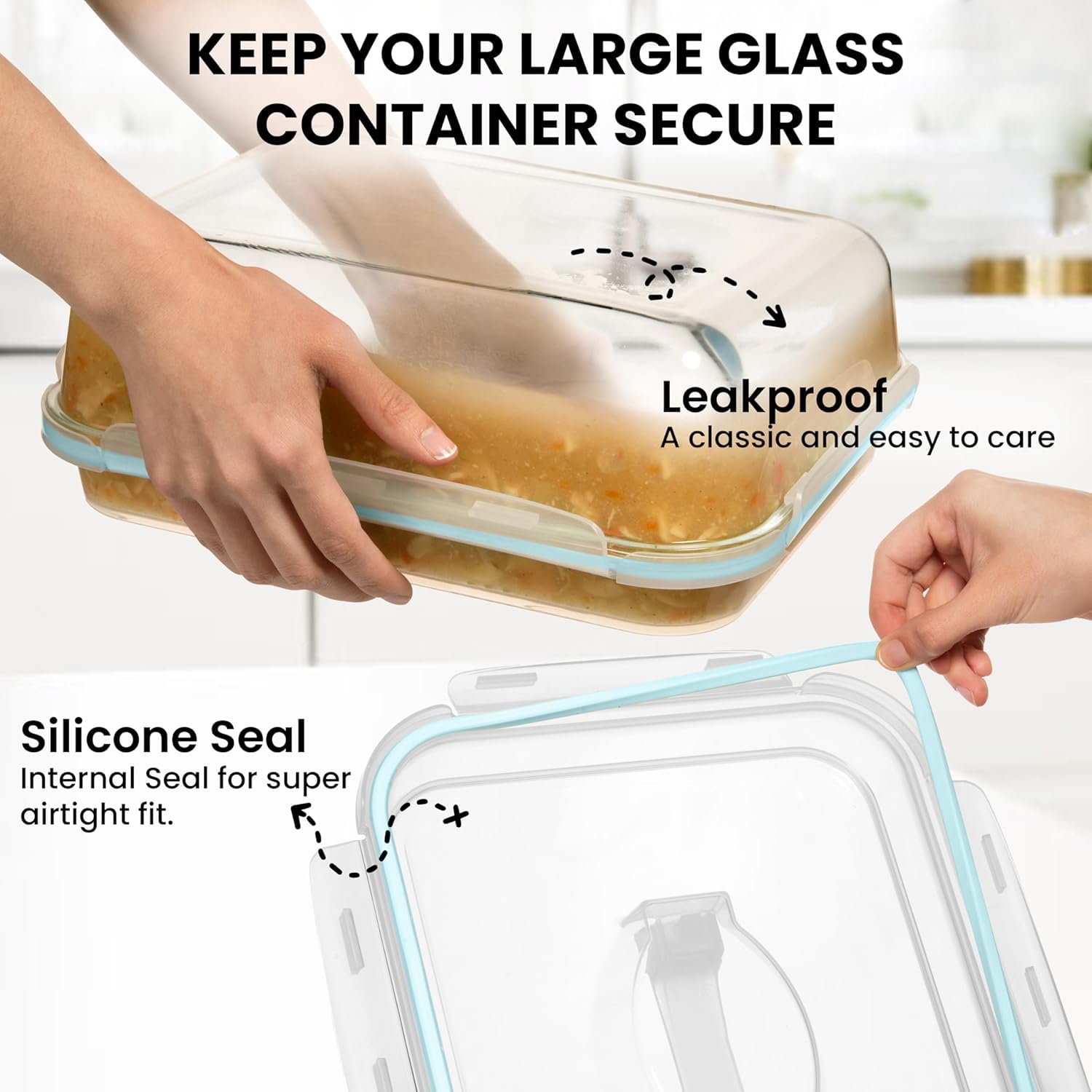 Frischhaltedose aus Glas mit luftdichtem Verschlussdeckel, 4800 ml, ideal zur Aufbewahrung von Lebensmitteln, Gemüse, Obst, Auflaufform, Lasagne, Braten von Truthahn, Huhn, BPA-frei, ofenfest