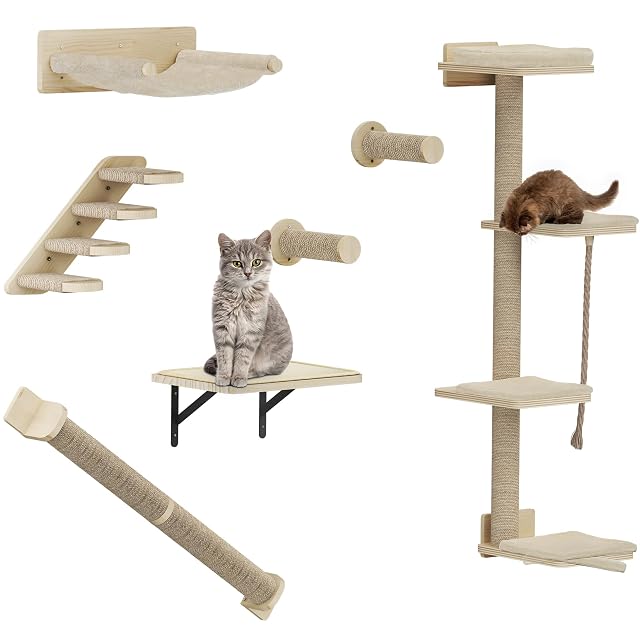 Foto 7 de 7 de YITAHOME 7PCS Estante de Escalada para Gatos Montado en La Pared con 3 Postes Rascadores/Escaleras de 4…