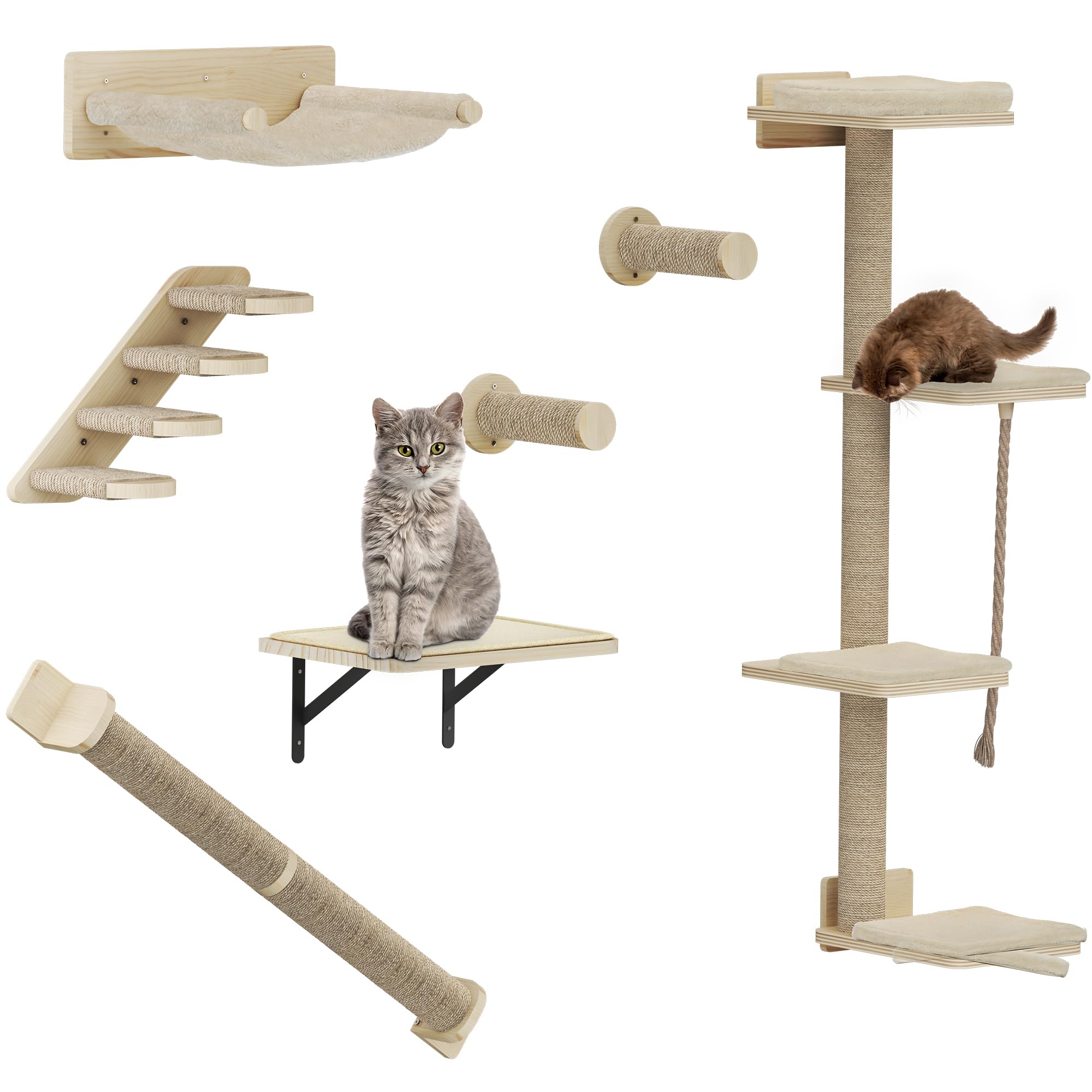YITAHOME 7PCS Estante de Escalada para Gatos Montado en La Pared con 3 Postes Rascadores/Escaleras de 4 Escalones/Hamaca/Cama para Gatos, Árbol para Gatos Montado en La Pared con 4 Plataformas