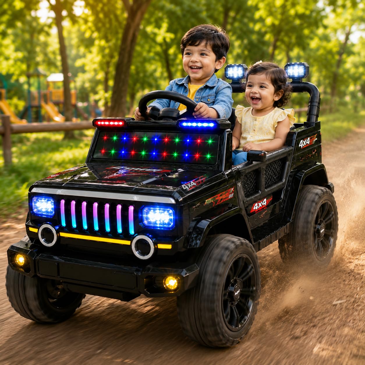 Lifelong Mini Jeepster EV Car for Kids | Up to 50M Remote Range, Music & LED Lights | Dual Motor, 12V Battery, 60 Min Runtime | BIS Certified Foot Accelerator Electric Ride On Car for 1-6 Yrs (Black)-image-6