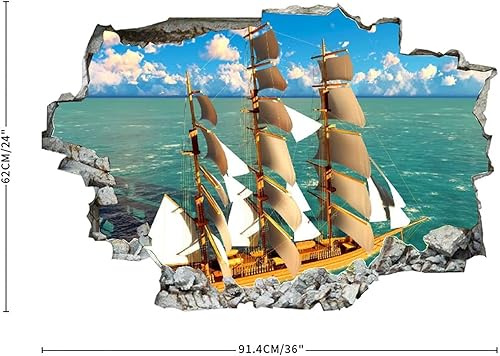 Miniatura 3 de Calcomanía de pared con diseño de naves marinas, diseño de paisaje, 3D, extraíble, PVC, divertido arte de pared, decoración del hogar, mural de