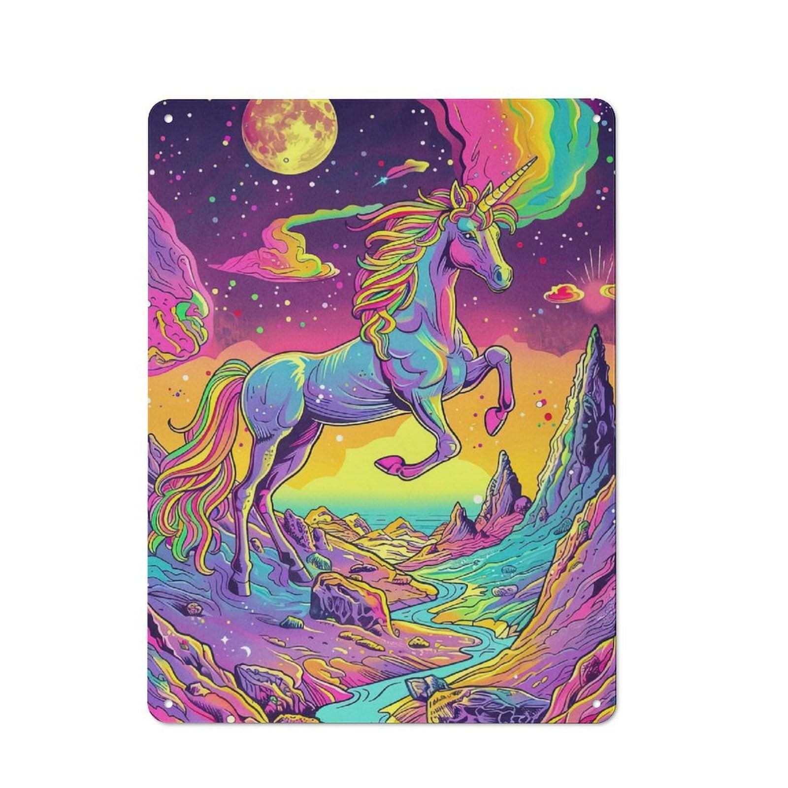 Rainbow Unicorn Cosmic Rustic Tin Sign 40x30cm, Garden Style Garden Room Wall Plaque for Conservatory, Home Bar Or Utility Room