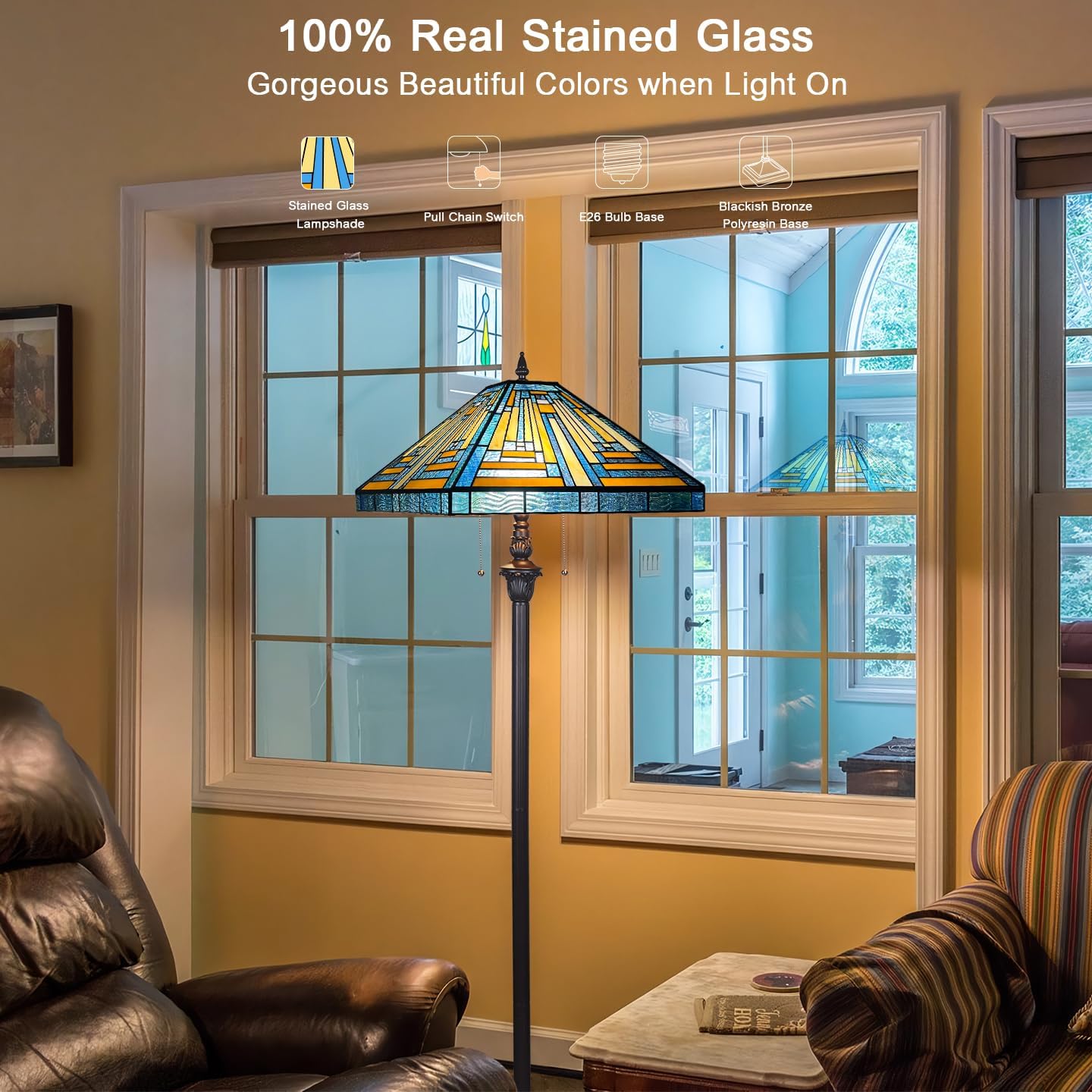 Capulina Tiffany Lamp Stained Glass Floor Lamp 2-Light 16X16X63 Inches Blue Amber Mission Antique Tiffany Style Standing Reading Floor Lamp for Living Room Bedroom Home Office