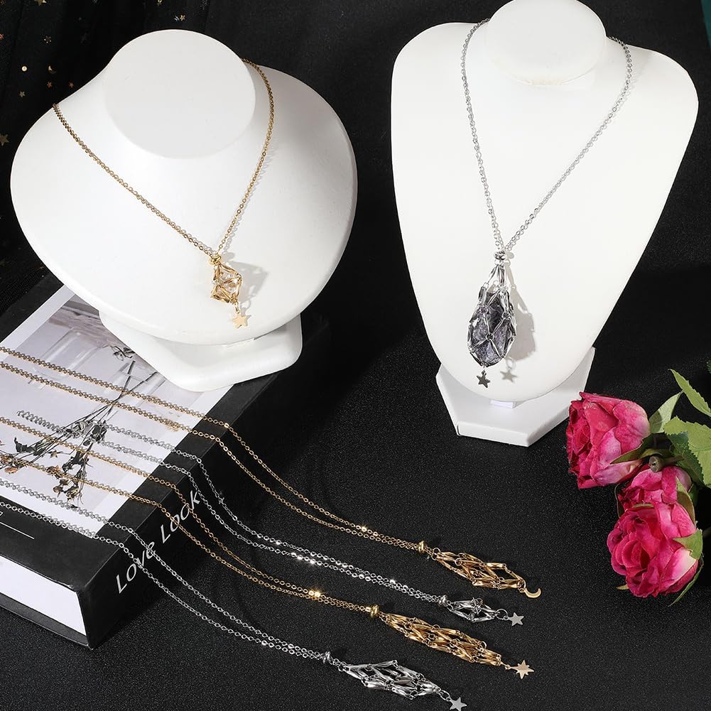 SUNNYCLUE 1 Box 6pcs 3 Styles Crystal Stone Holder Necklace Stone Cage Necklace Metal Stainless Steel Golden Silver Interchangeable Empty Gemstones Moon Star Cords for Jewelry Making Adults DIY - Image 3