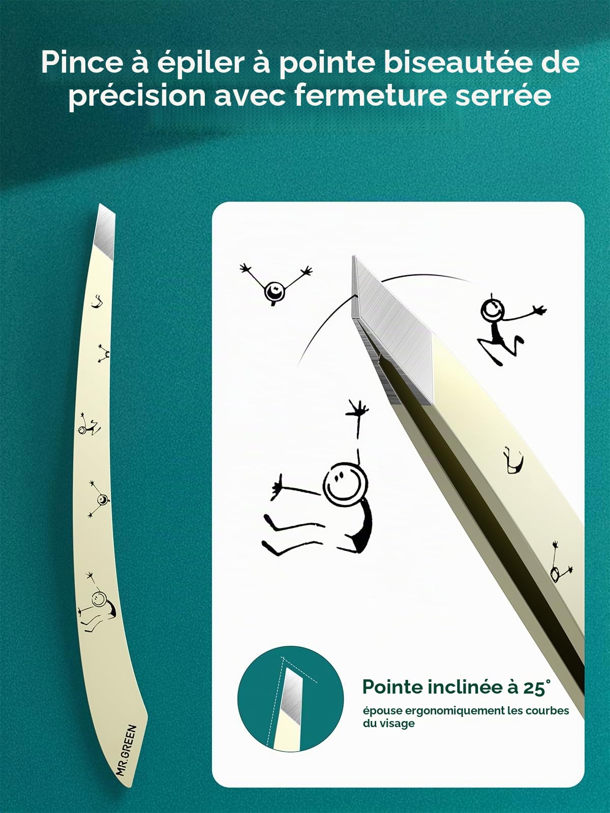 MR.GREEN Pince à épiler pour sourcils et poils du visage, pince à épiler professionnelle en acier inoxydable pour femmes et hommes, pince à épiler inclinée mignonne pour une épilation facile
