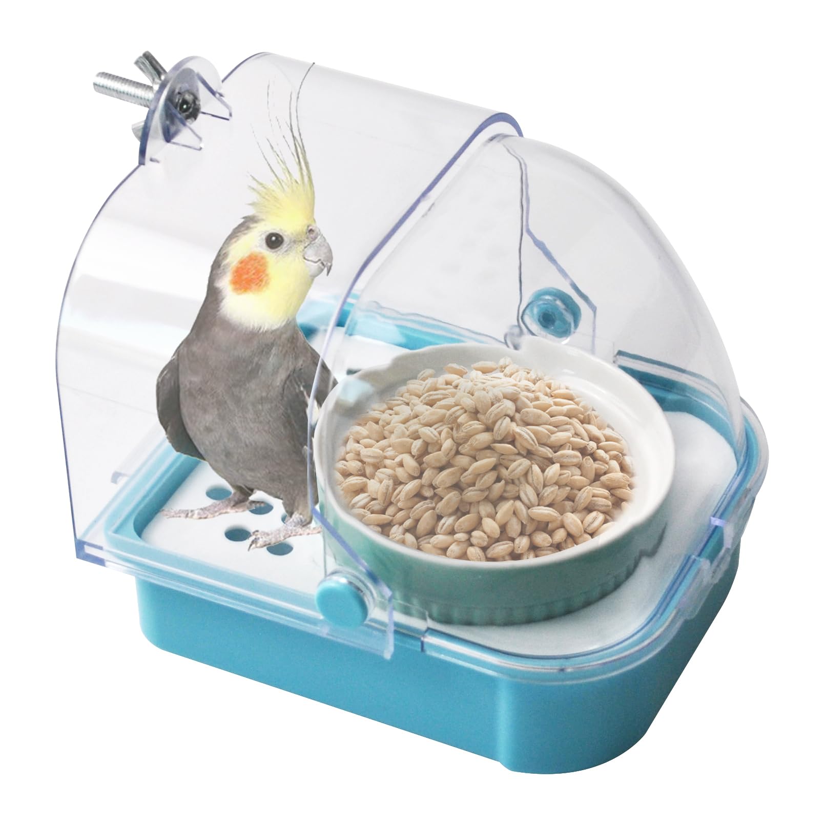 2 in 1 No Mess Bird Feeder,Bird Cage Feeder with Ceramic Bowl and Parrot Bathtub with Bottom Drawer Hanging Tube Shower Box for Birds Budgies Parakeet Small Parrot Cockatiels(Blue)