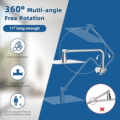 Miniatura 7 de Cabezal de ducha de metal de 12 pulgadas, cabezal de ducha de alta presión, cabezal de ducha de mano con brazo de extensión de ducha ajustable de 11