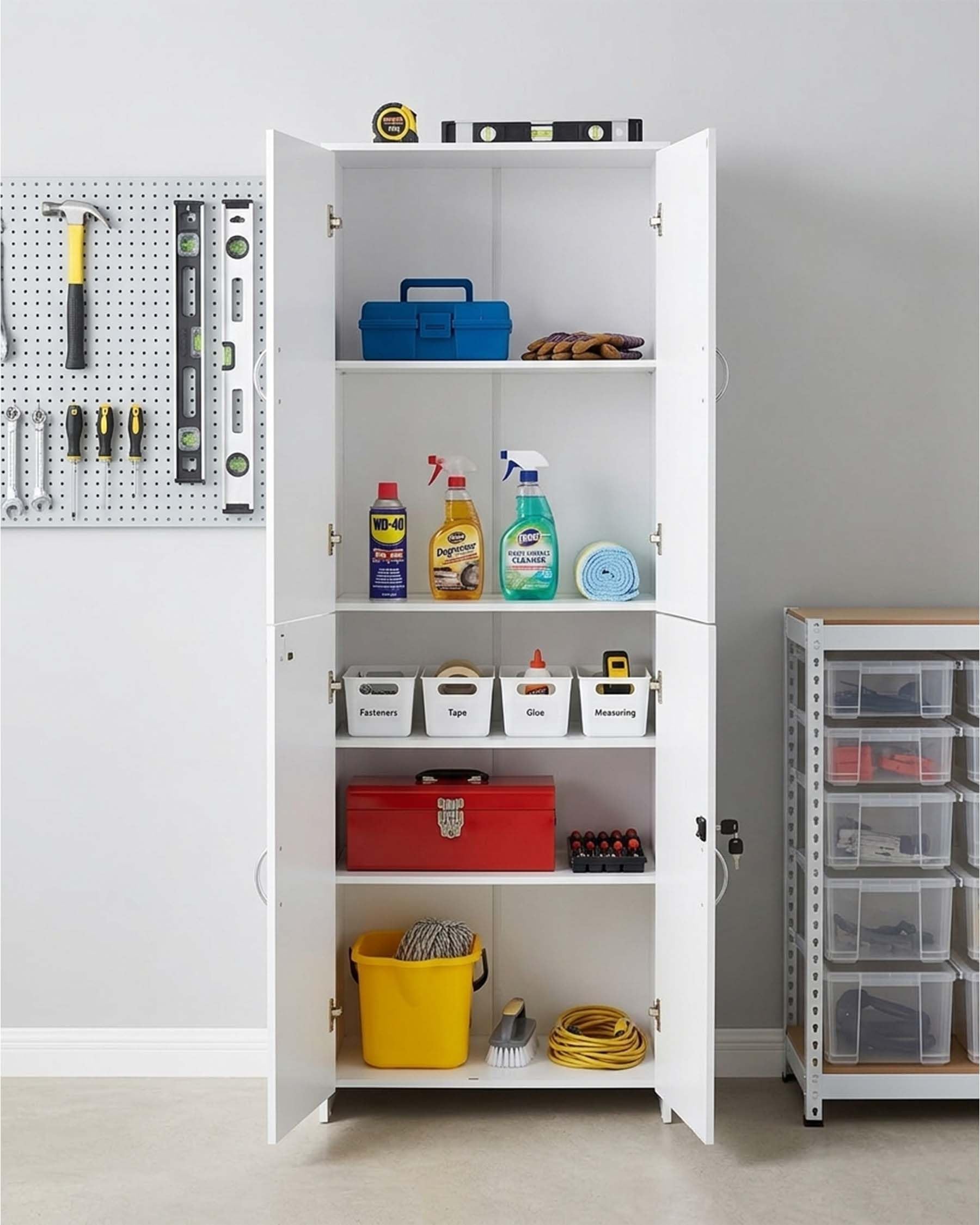 Armoire à documents verrouillable Placard de bureau blanc avec portes 58x30x180 cm Placard multi-usages Armoire haute Armoire de stockage en bois étroite Placard pour bureau Couloir Placard