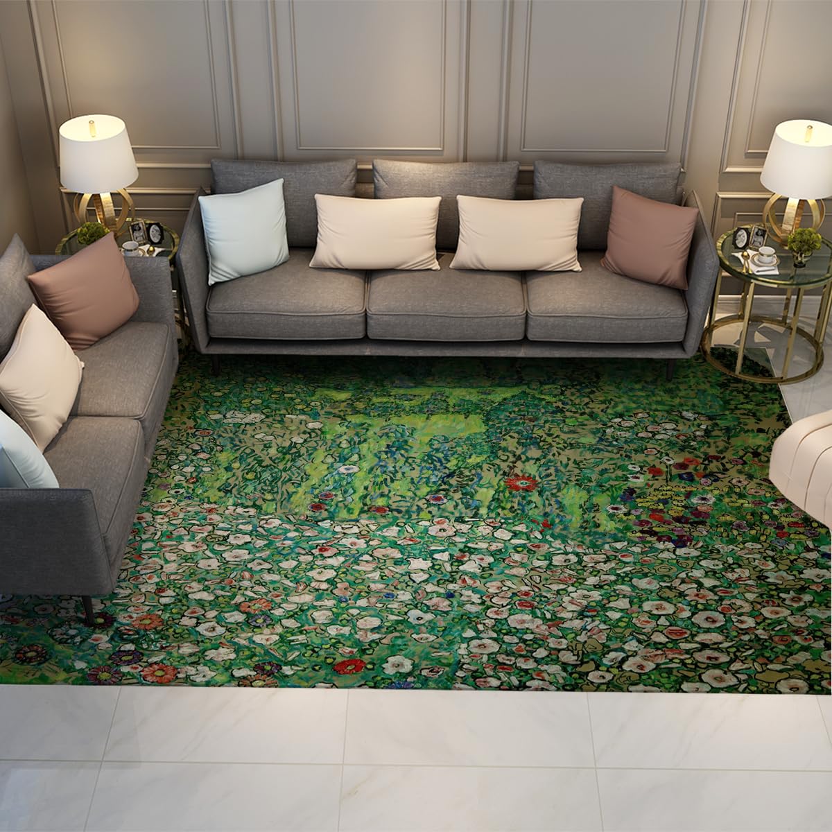 Tapis floral Gustav Klimt vert 160x200cm lavable pour salon