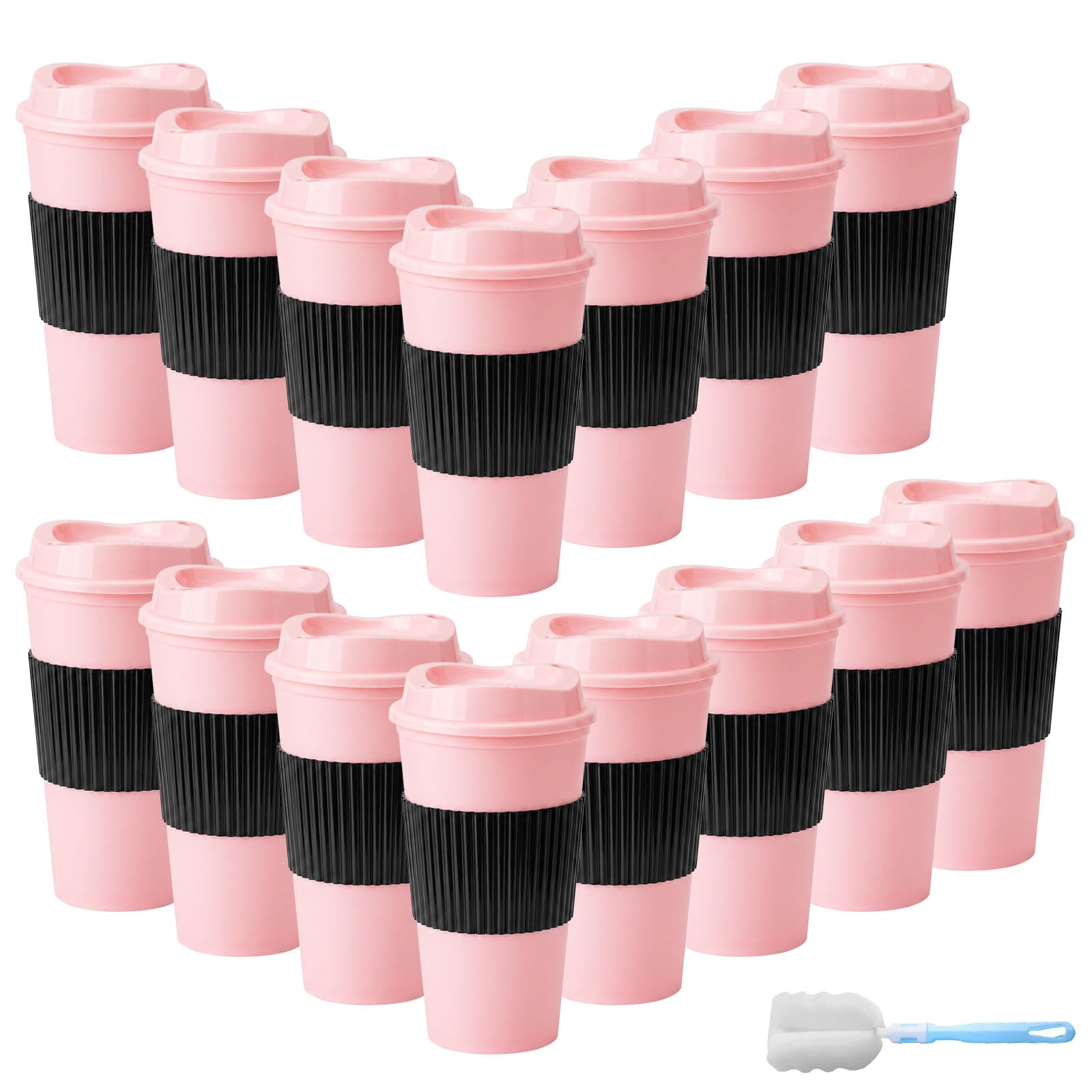 RAINPOP 15Pcs Reusable Coffee Cups with Lids - 16 oz Plastic Tumblers to Go Ice Coffee Cups Bulk Plastic Travel Mugs for Slushie and Cold Drinks Smoothie, Home, Car, Beach, Camping & Party - Pink
