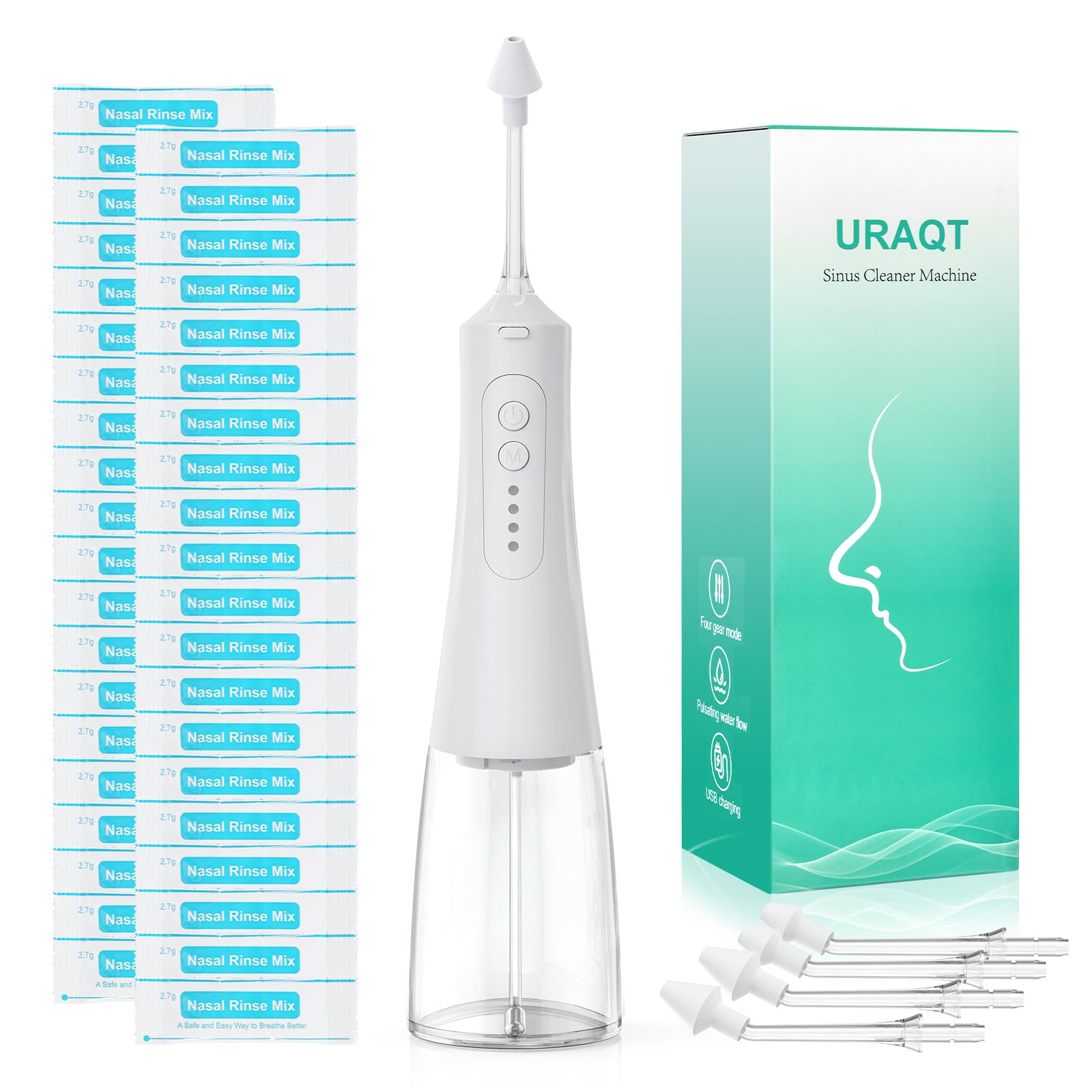 URAQT Kit d'irrigation nasale, Pot Neti électrique Lavage de Nez, Kit Lavage de Nez Adulte/Enfant avec 4 Douche Nasale et 40 sachets de sel, Kit Sinus Rinse/Irrigation Nasale/Neti Pot（Transparent）