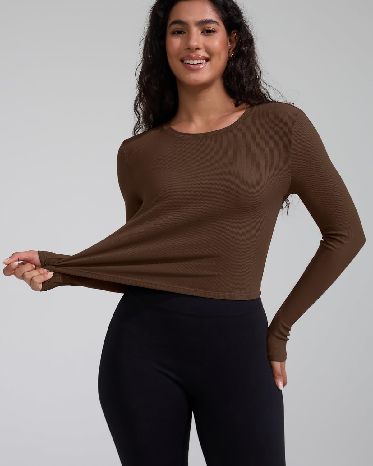 womens long sleeve t shirts casual basic crop tops crewneck ribbed knit slim fitted going out outfits y2k clothes coffee