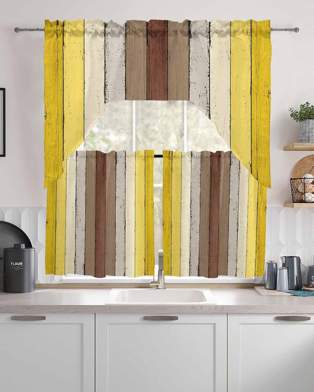 Yellow Brown Wooden Swag Kitchen Curtains Valance and Tier Set 24 Inch Length, Vintage Rustic Farmhouse Wood Plank Rod Pocket Swag Curtains for Living Room Bedroom Bathroom Window Drapes 3 Piece