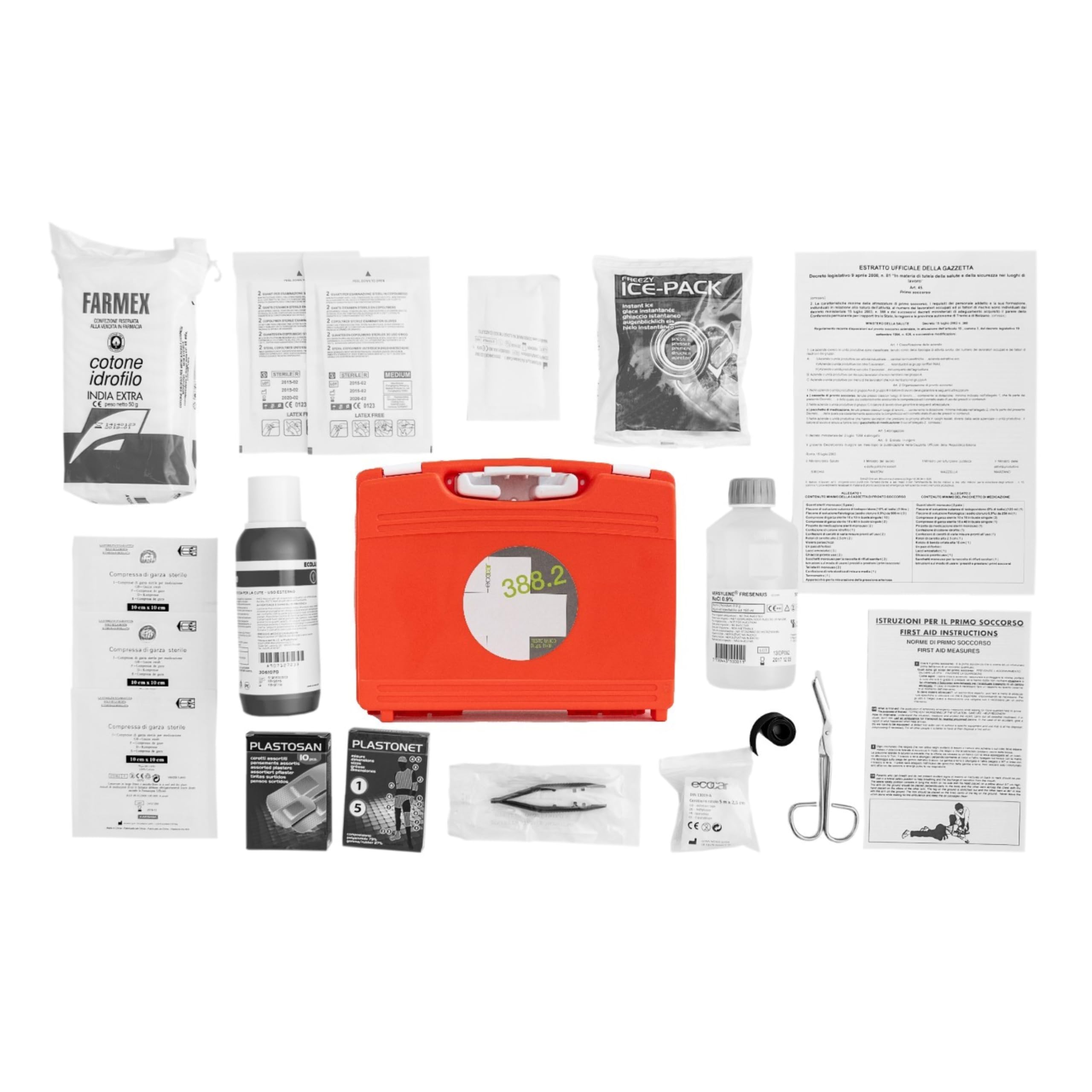 ecocar - Valigetta Pronto Soccorso – FIRST AID KIT 18 pezzi (Allegato 2) - per B&B, Veicoli, Commerciali e Industriali, Azienda - a Norma DM388 15 luglio 2003 - con Supporto Incluso - Made in Italy