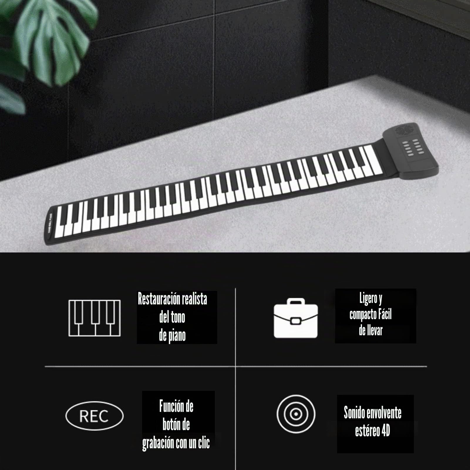 Estink Piano Enrollable de 61 Teclas, Piano Enrollable Manual Recargable Portátil con Pantalla LED, Salida Midi, 16 Voces, Grabación, Acorde, Sostenido, Trémolo, con Conector para Auriculares(PM61)