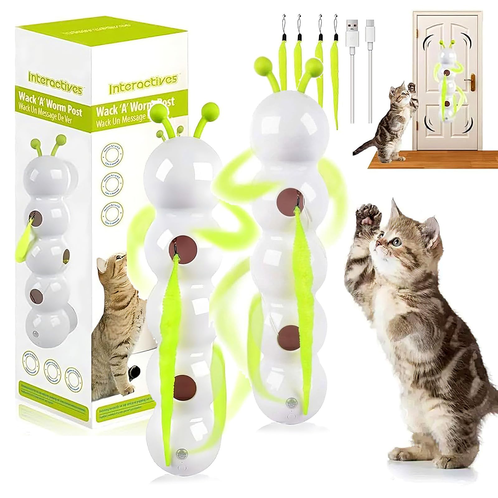 rialgirw Whack A Worm Cat Toy, Upgraded Interactive Wack A Worm Post Cat Toy for Indoor Cats, Smart Motion Sensor Caterpillar Cats Toys, Mounts on Walls & Windows (2PCS)